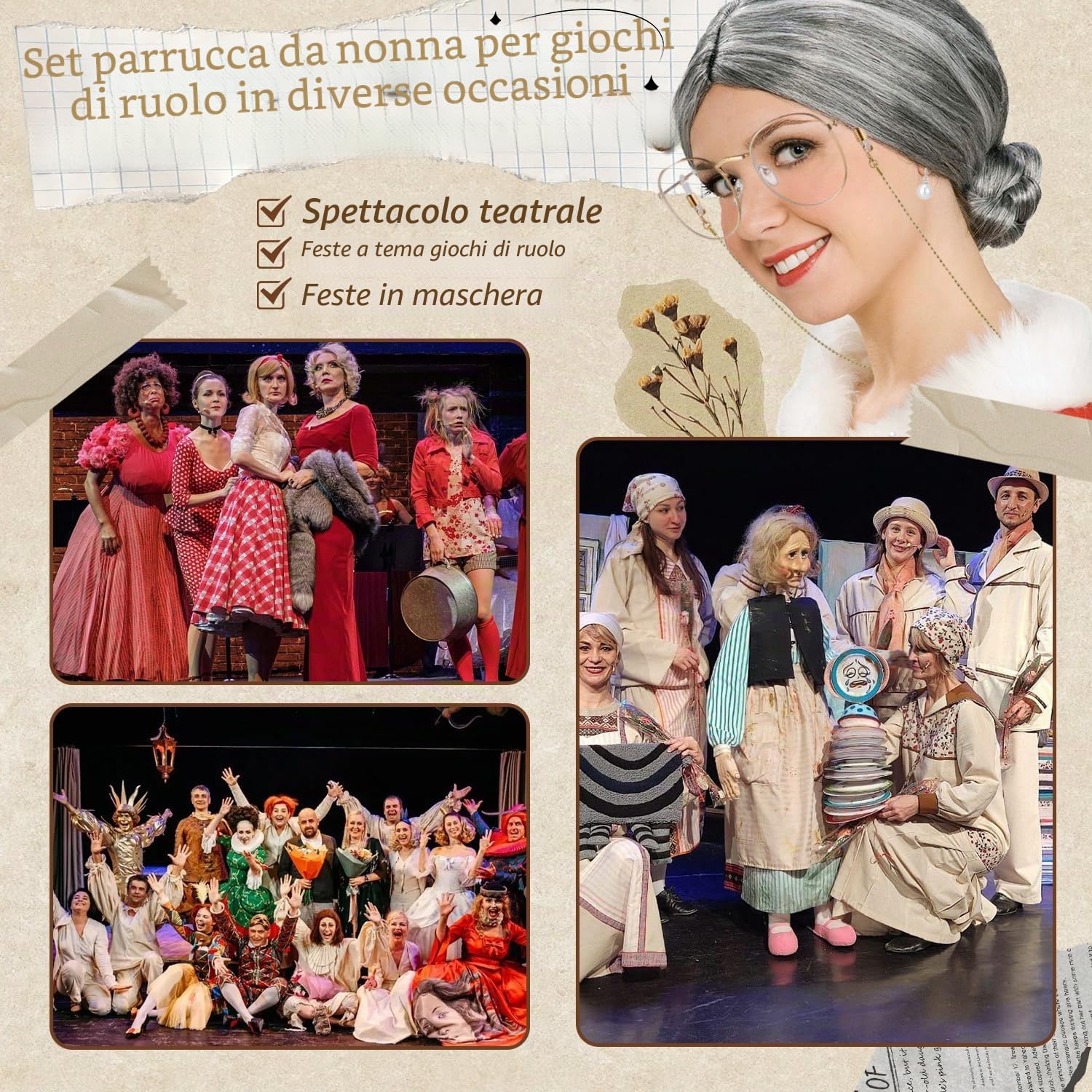 9 Pezzi Nonna Parrucca Realistica ed Elegante Parrucca Donna Collana di Perle Artificiali Gioielli Bracciali Orecchini Abit Nonna Occhiali Bastone Camm Supp Pied Gonfi per Ruolo Halloween Carnevale