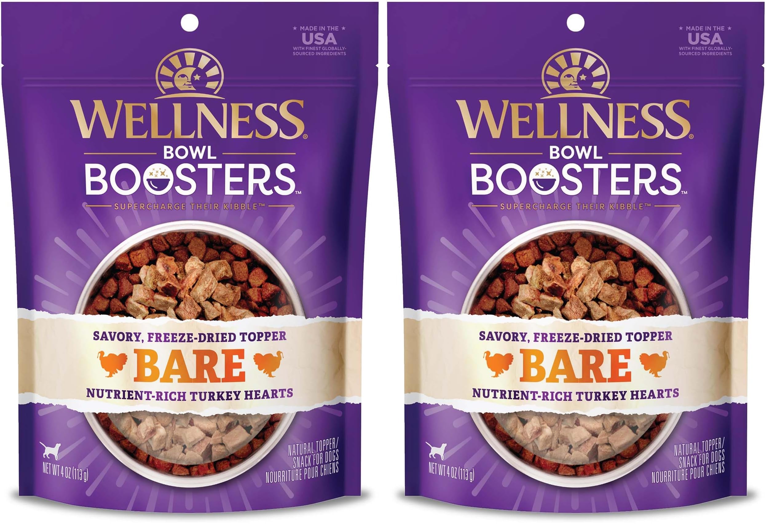 Wellness Bowl Boosters Bare Freeze Dried Turkey Dog Food Topper for Small, Medium, and Large Breeds, Grain Free, Natural, 4 oz Bag (Pack of 2)