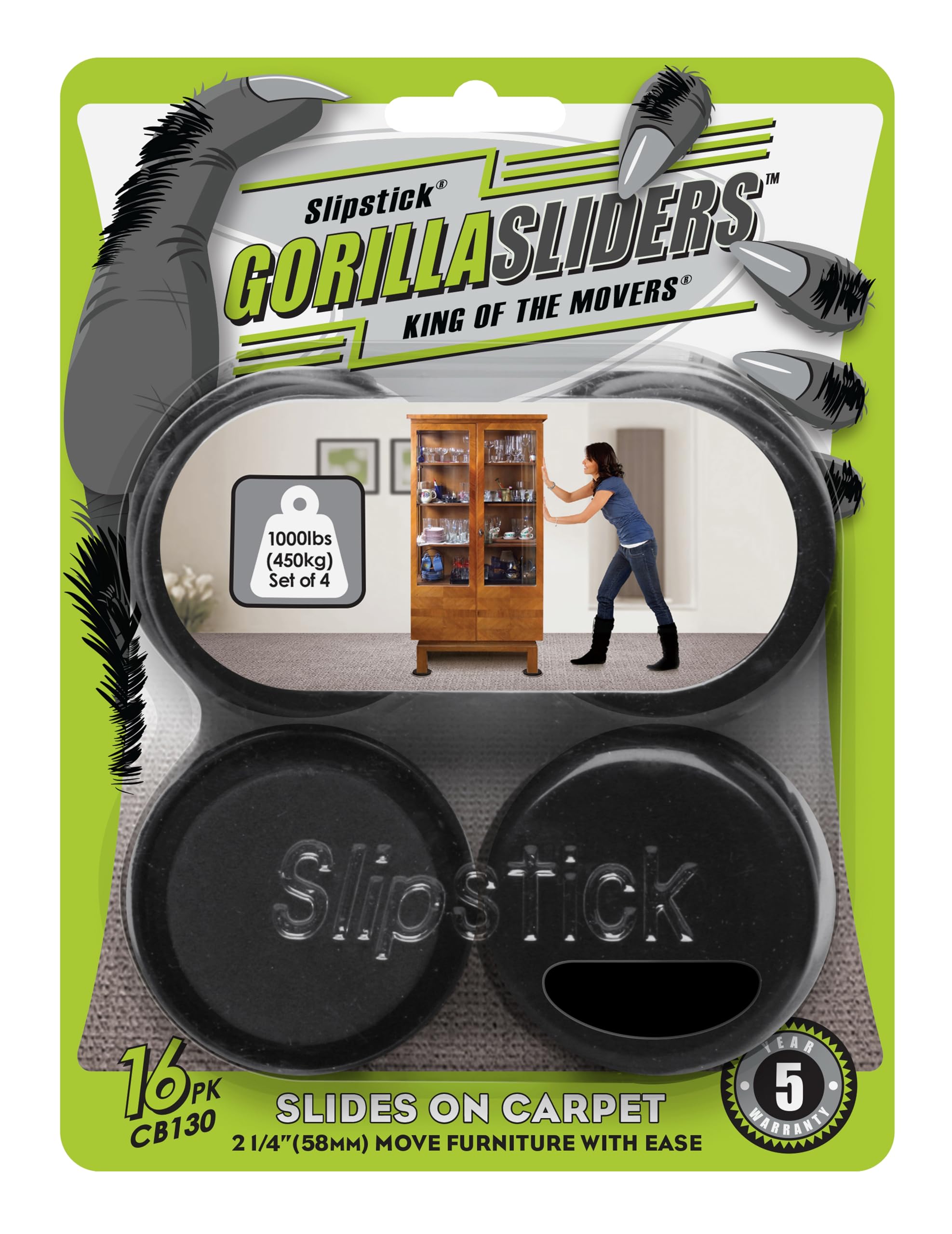 Slipstick GorillaSliders 2-1 4 Inch Round Furniture Sliders for Carpet Rugs 16 Pack Premium Reusable Furniture Movers for