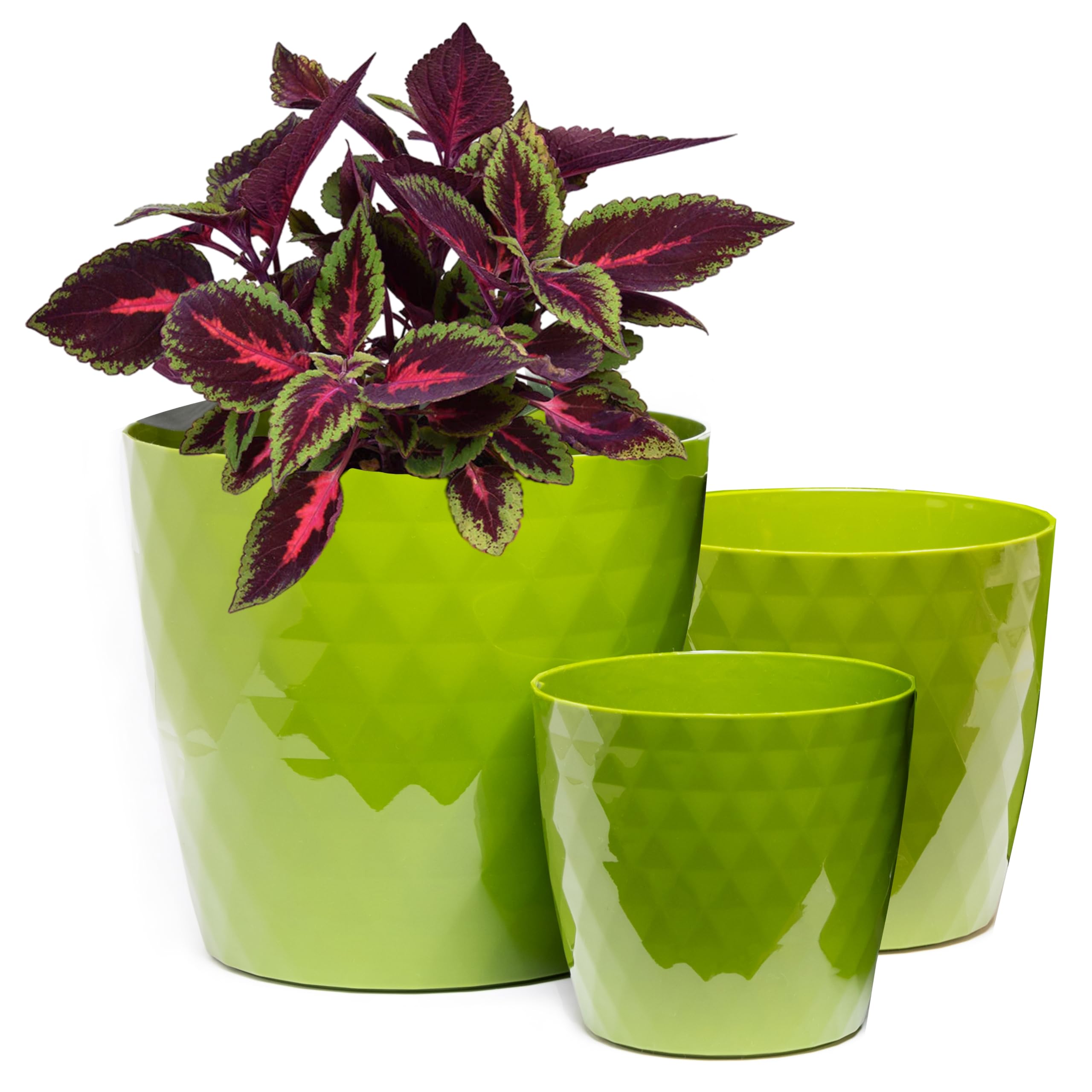 Home Garden Ornaments Large Plant Pots Indoor, Indoor Plant Pot - Set of 3 Flower Pots with Glossy Crystal Structure (20cm, 25cm, 30cm, Colour: Green)