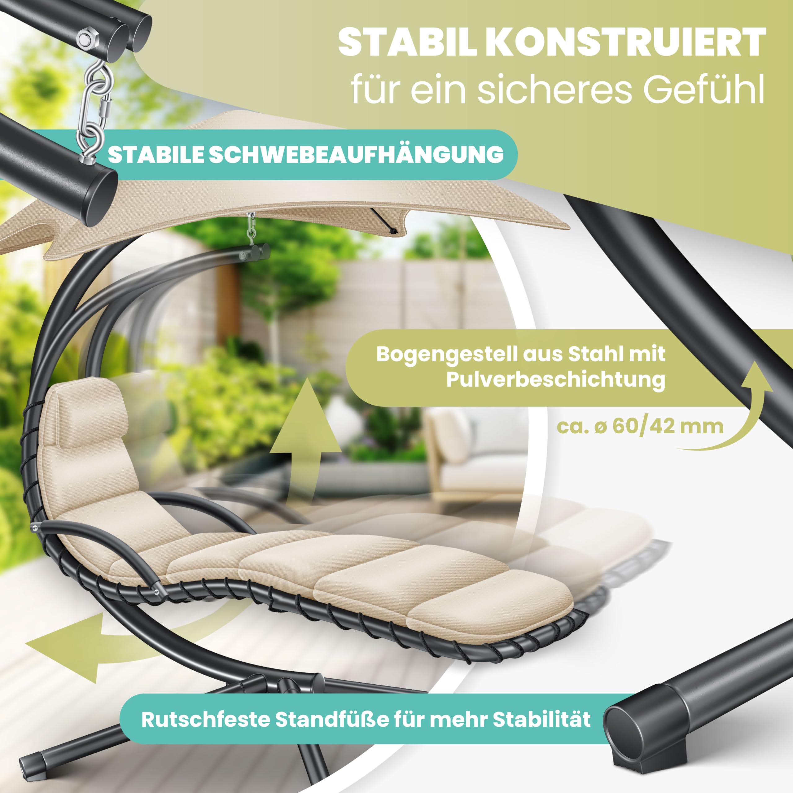 KESSER® Leżak wiszący z parasolem przeciwsłonecznym, wys. 200, dł. 194, szer. 100 cm, leżak relaksacyjny, hamak, obciążenie do 120 kg, leżanka bujana, poduszka na kark, w zestawie torba, Beżowy