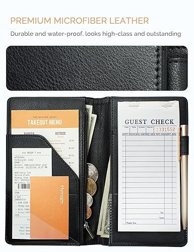 Miniatura 4 de Mymazn Libro negro de 5 x 8 para camarera con bolsillo con cremallera, lindo libro de servicio para camarero, folleto de chequera de servidor,