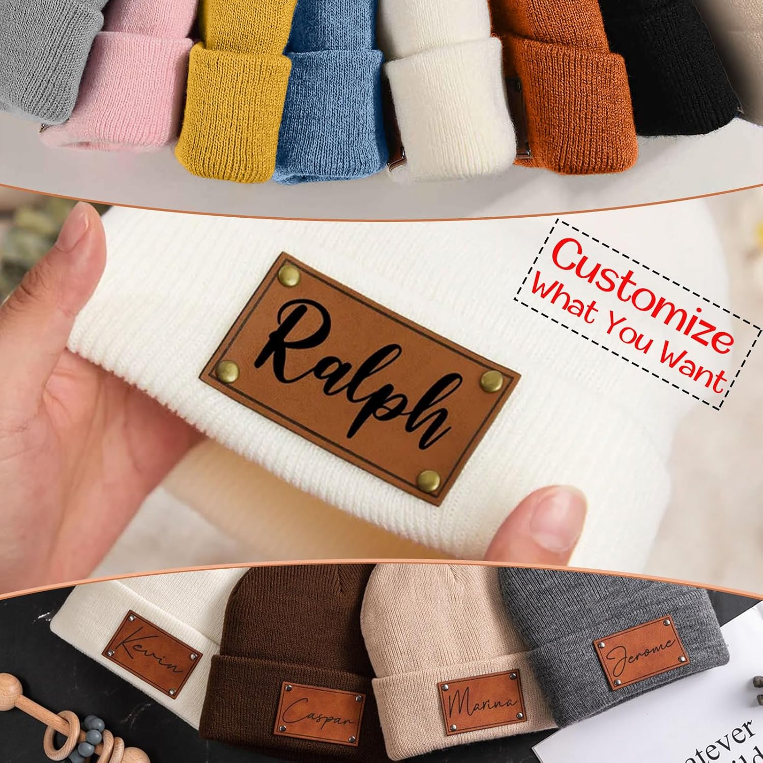 Custom Toddler Baby Beanies, Mama Mini Matching Hats, Leather Patch Baby Knit Hats, Winter Beanies for Infant, Kids Adults - Image 3