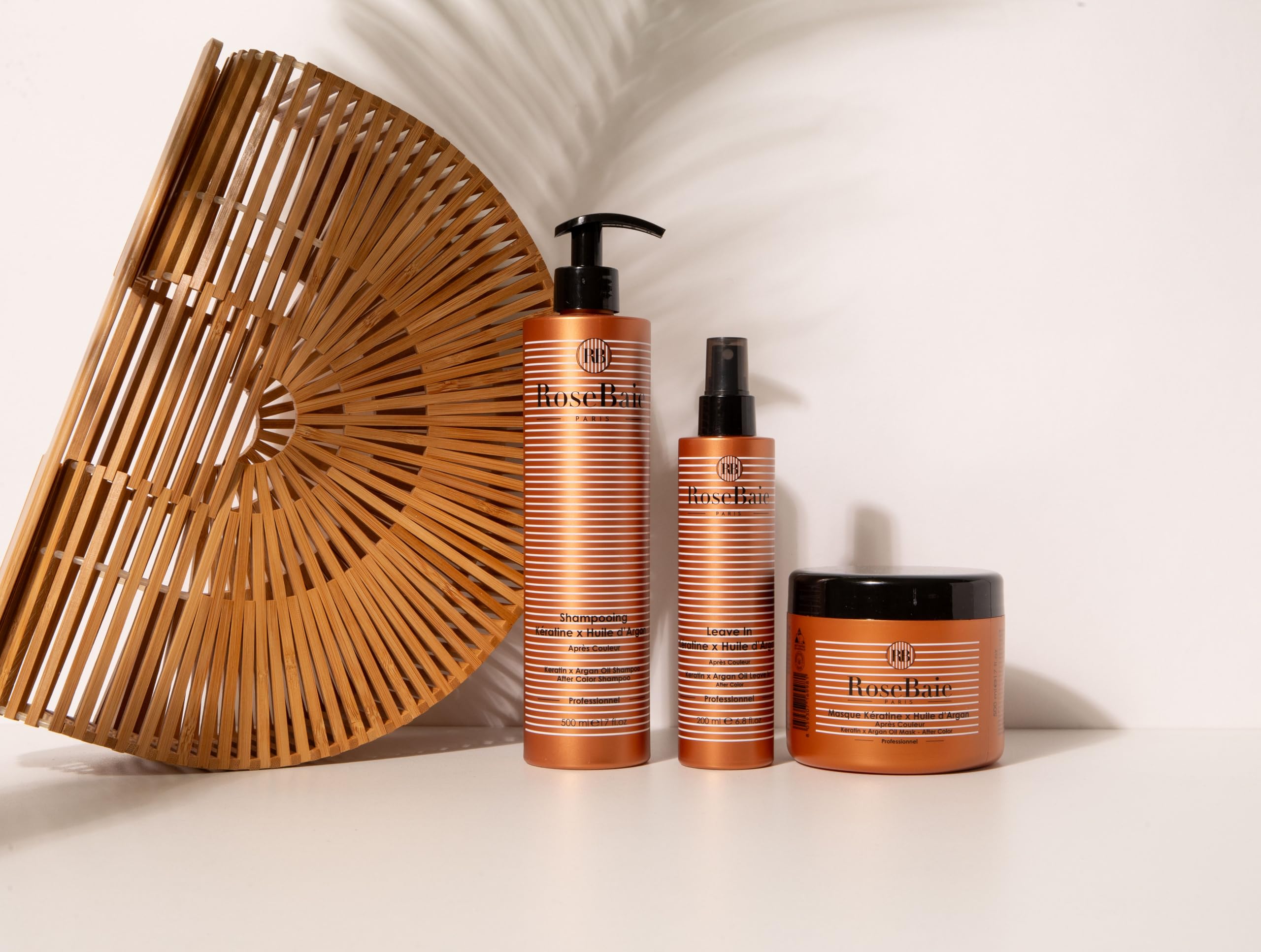 ROSEBAIE | Routine Solaire Argan & Kératine | Cheveux Colorés | Élimine Sable Chlore Sel | Protecteur Solaire | Shampoing 500ml | Masque 500ml | Spray Leave-In Sans Rinçage 200ml