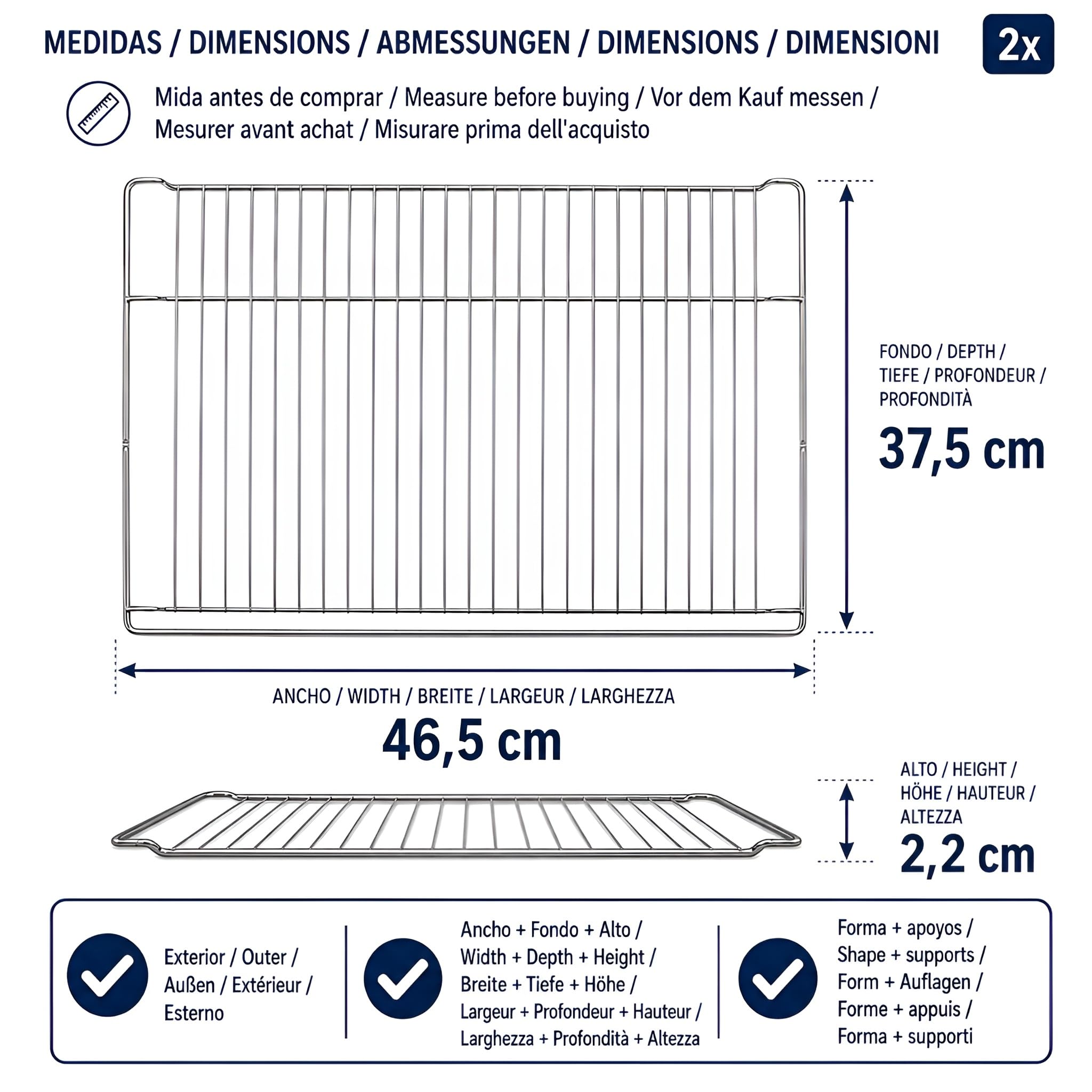 MIRTUX 2 x Ofenrost, Maße: 46,5 x 37,5 x 2,2 cm, Originalcode 574876, passend für Modelle von Siemens Neff Bosch Constructa Balay 00574876 HZ334000 CZ1432X1 etc.