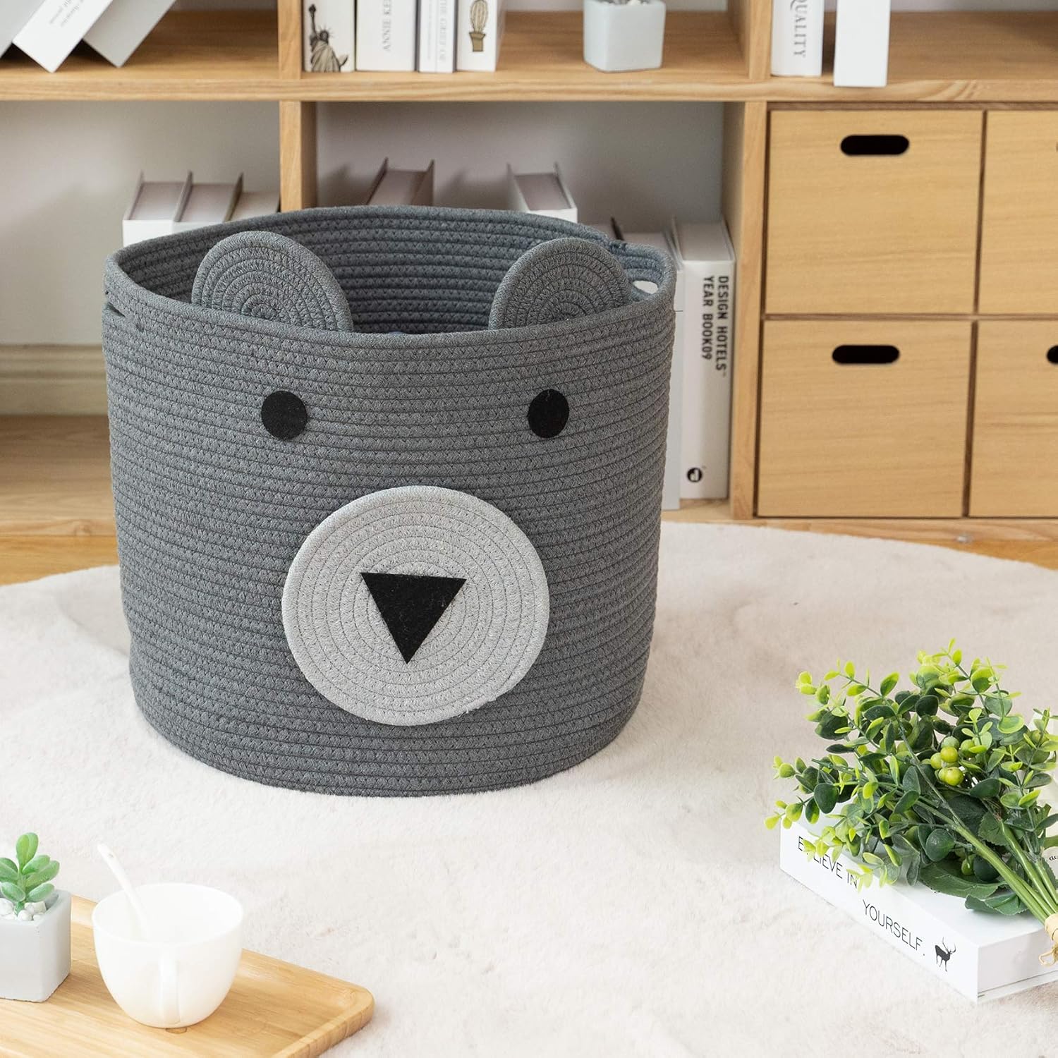 VK VK·LIVING Cotton Rope Bear Animal Basket Foldable Large Woven Storage Basket Baby Nursery Cute Laundry Hamper for Toys, Blanket, Clothes in Bedroom Living Room Toy Box for Baby 14x14 Grey - Image 6