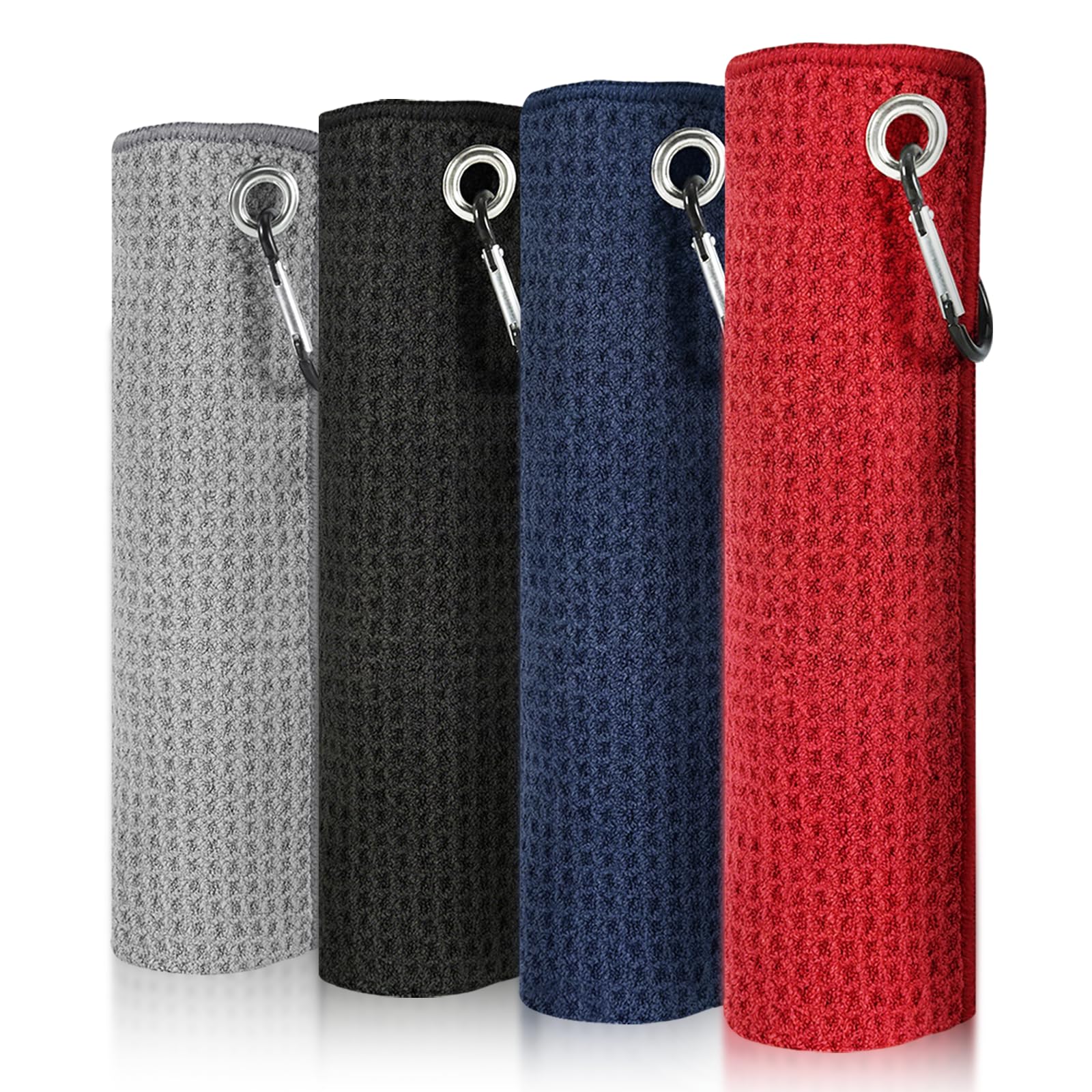 SIWOKJJO 4 Pack Golf Towels, Absorbent Waffle Pattern Golf Towel for Golf Bag, Premium Essential Accessories for Golf Bag for Men & Women with Clip (4, Red, black, blue, grey)