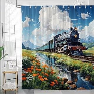 Train Shower Curtain Vintage Steam Engine in The Field Tracks Industrial Engine Antique Old Times Locomotive on Rail Road with Smoke Retro Station Bathroom Decor Curtains 70x70 inch with Hook