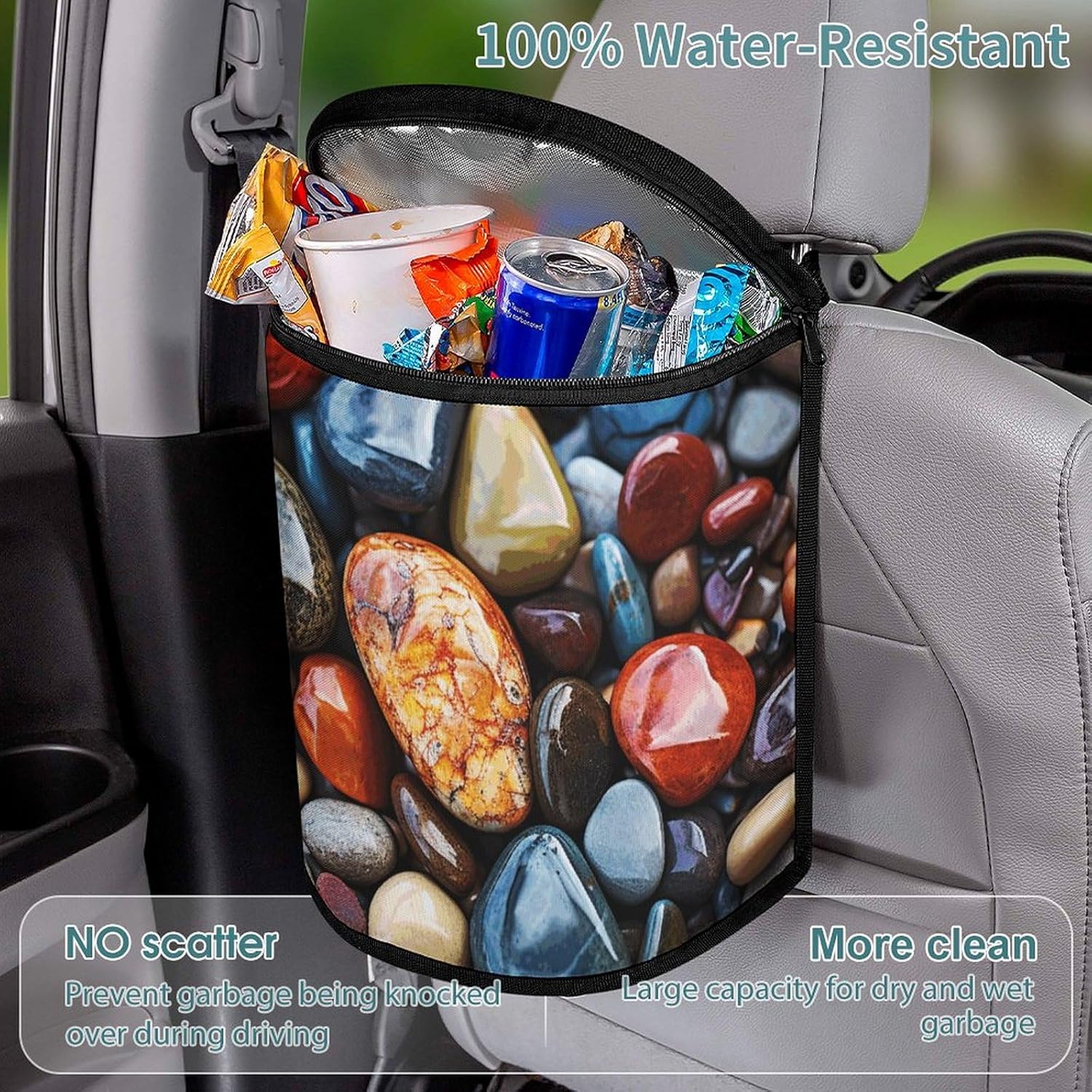 Car Garbage Bag, Color Stones Hippie Print Car Trash Can Car Trash Bag Car Garbage Organizer Car Garbage Can with Lid