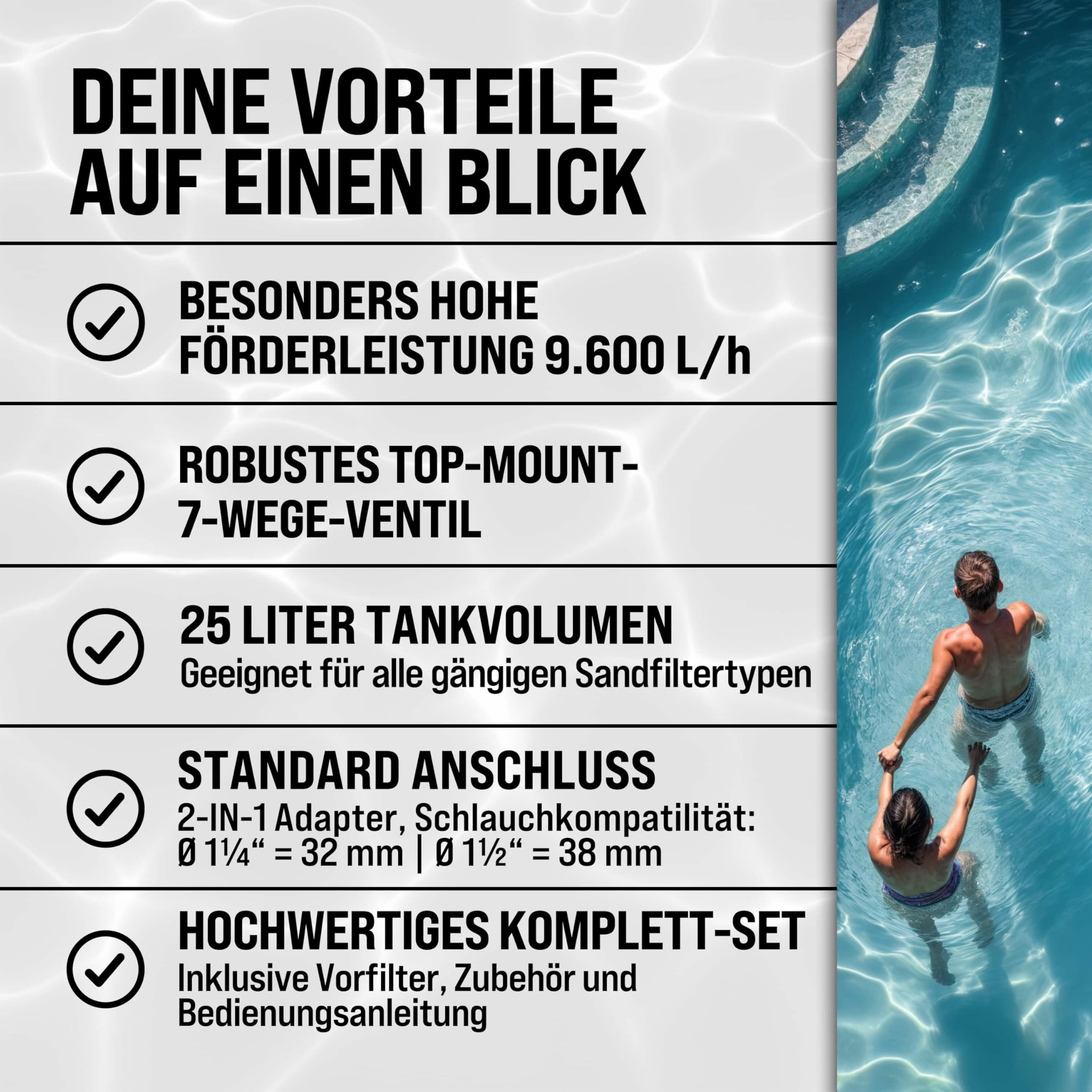 MONZANA® Sandfilteranlage SF96K 9600L/h bis 30.000L Pool Selbstansaugend 400 Watt 2in1 Adapter Ø32-38mm 7Wege Ventil Sandfilterpumpe Poolfilter