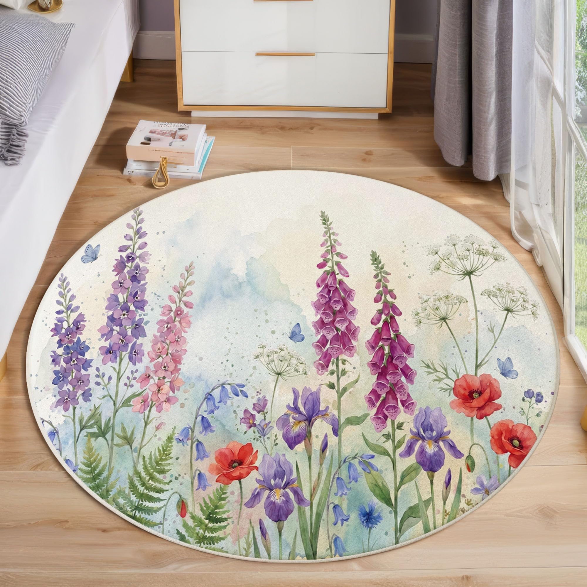 Tapis Rond Fleurs Sauvages À L'Aquarelle Bleu-Vert Salon 180 Cm | Tapis Antidérapant Nature Digitale Iris Pour Chambre Enfant Salle Jeux Décoration, Moquette De Sol Poil Bas Lavable