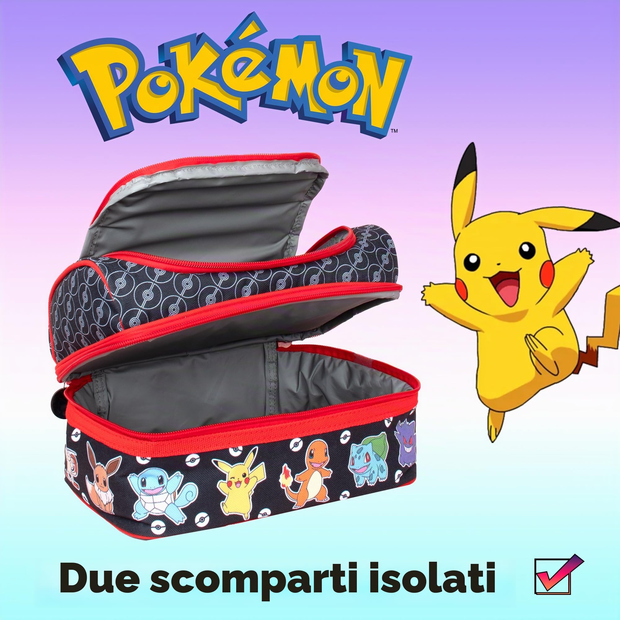 Pokémon Borsa portapranzo con molteplici scomparti per bambini, con isolamento termico a due strati, per bambini