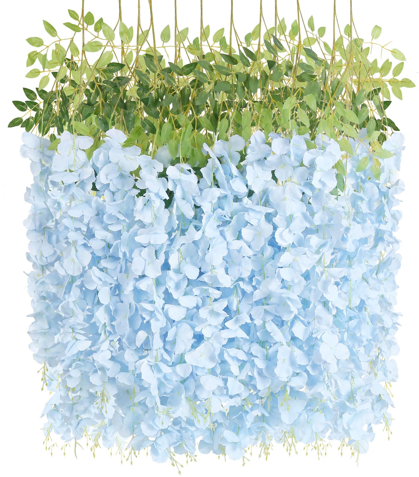12Pack Artificial Wisteria Hanging Flowers Vines 3.6ft Fake Wisteria Bushy Garland Silk Flowers Rattan String for Home Garden Wall Wedding Party Decor (Sky Blue)