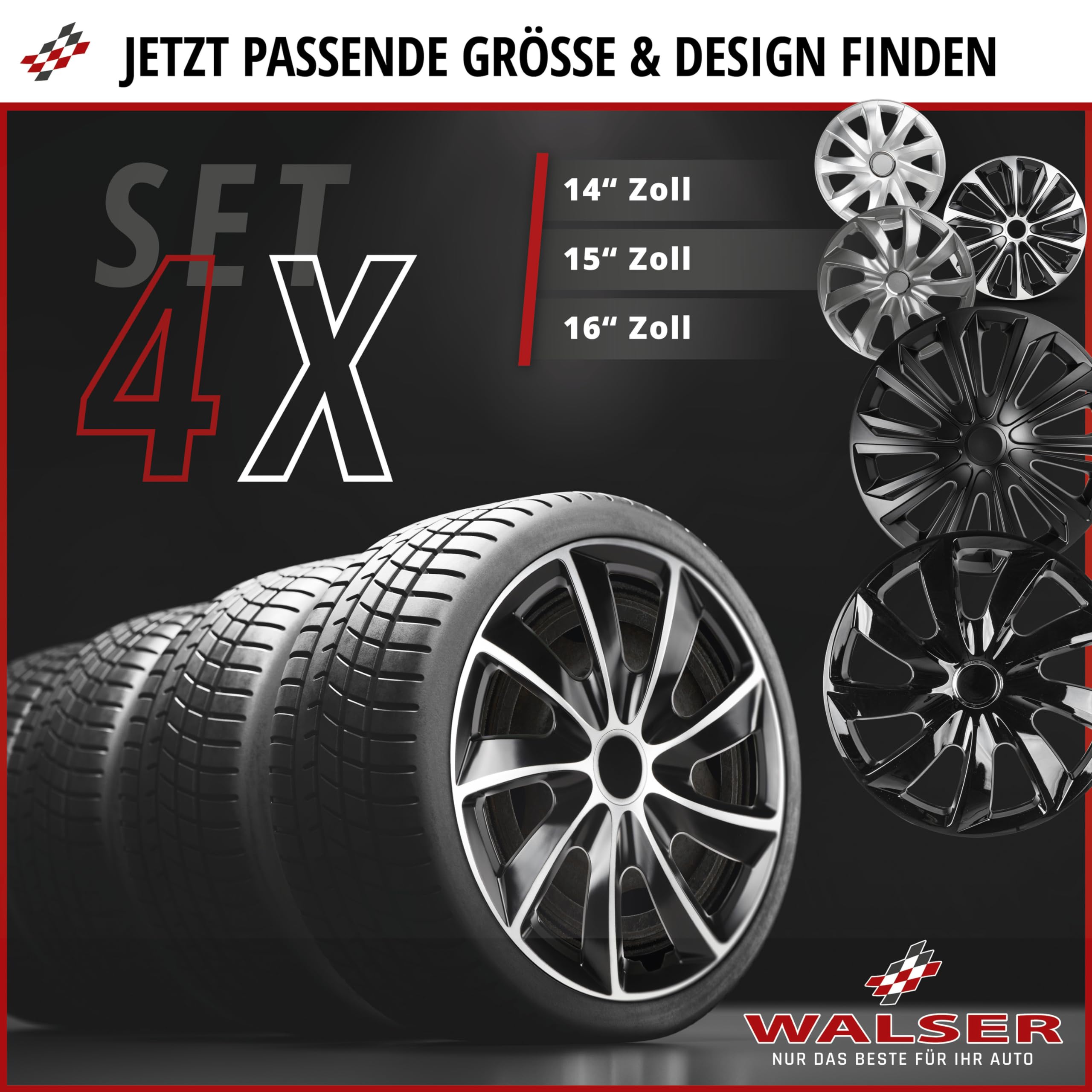 Walser Osłony kół New Racer, bardzo dobra nagroda* Zestaw czterech kołpaków kół z wyglądem felgi aluminiowej 15" czarny/srebrny