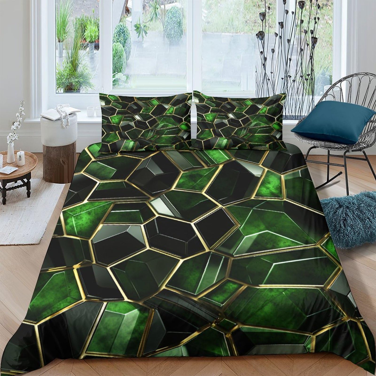GPLZQXKJNH 3D Printed Green Geometric Duvet Cover Microfiber Soft Breathable Mosaic Quilt Cover Set with 2 Pillowcases for Bedroom Home Single（135x200cm）