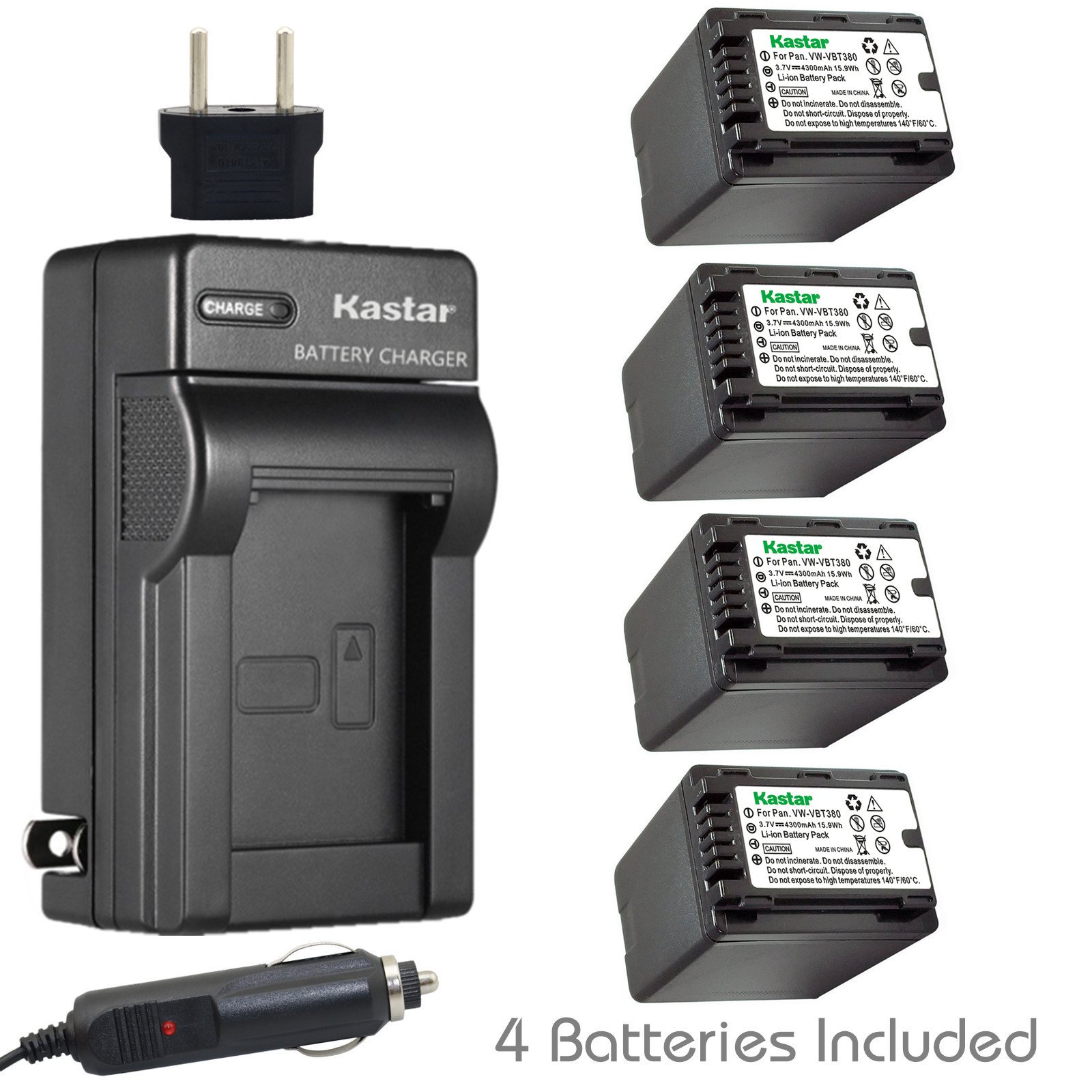 Kastar Battery (4-Pack) and Charger Kit for Panasonic VW-VBT380 and HC-V110 HC-V130 HC-V160 HC-V180 
