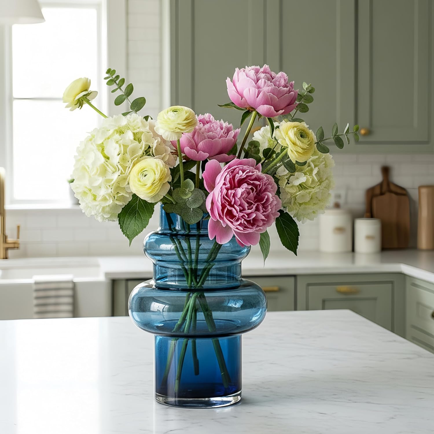 Clear Blue Bubble Glass Flower Vase, Modern Boho Ins Style Vase for Hydroponic Plants Bouquet, for Home Room Office Book Shelf Wedding Table Decor (W 6" X H 9.4") - Image 3