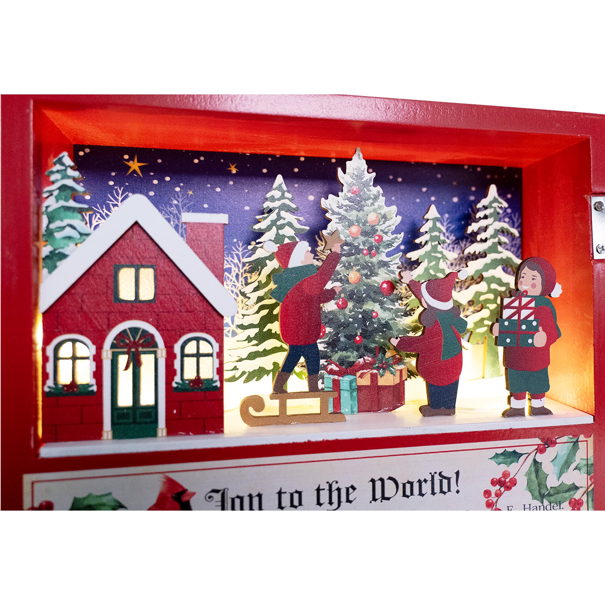 PE Adventskalender aus Holz in Buchform mit LED und 24 Boxen zum Befüllen | Aufklappbares Weihnachtsbuch mit 2 LED-Holzszenen, 24 Papierboxen; 4 AAA-Batterien erforderlich, nicht enthalten