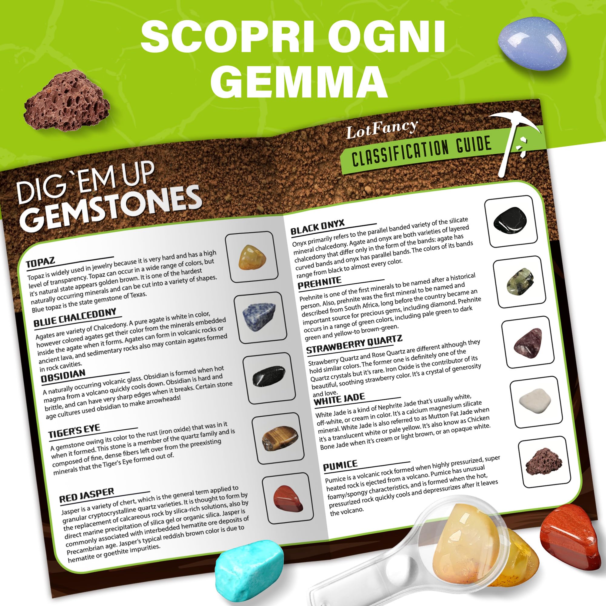 LotFancy Kit Pietre da Scavare per Bambini, Kit Scavo per Gemme 20 Vere Pietre Preziose da Scavare per Ragazzi dagli 6, 7, 8, 9, 10 Anni in Su, Regalo Archeologico per Bambini e Bambine