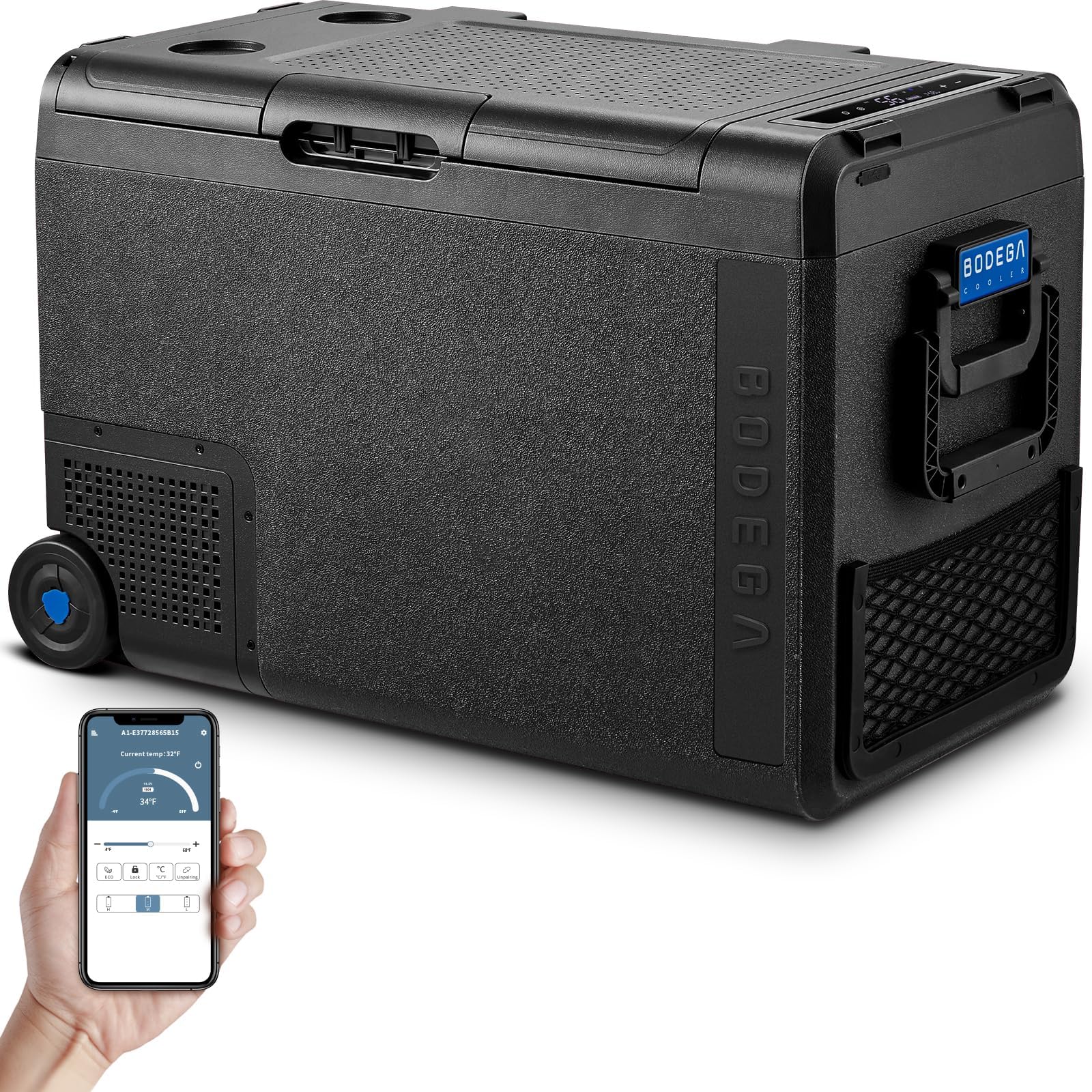 BODEGACOOLER 12 Volt Car Refrigerator, Car Fridge Protable Freezer WIFI APP Control, 50Quart (48L) RV Electric Cooler -4℉-68℉, 12/24V DC 100-240V AC