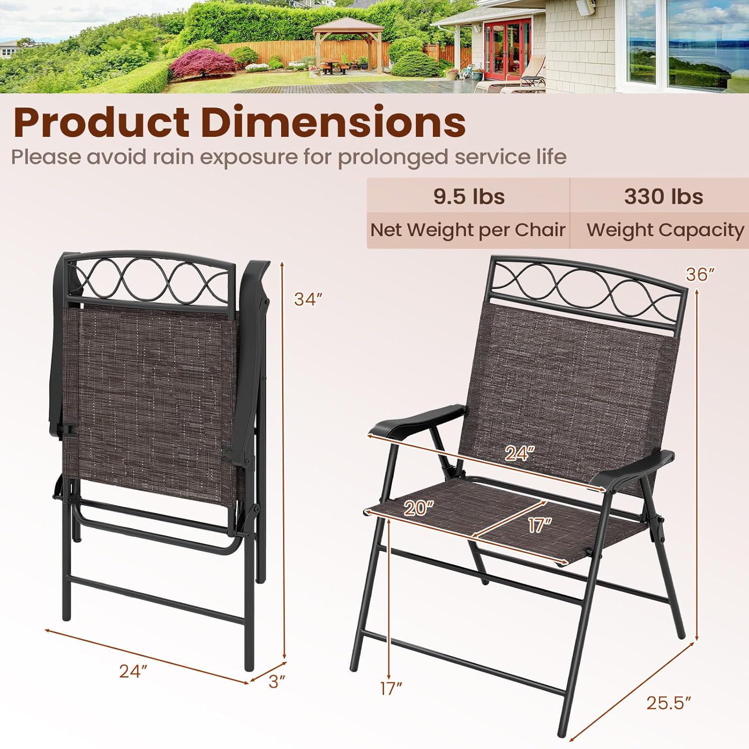 Tangkula Folding Chairs for Outside Set of 4, Portable Outdoor Dining Chairs with Armrests and Metal Frame, Outdoor Patio Chairs for Lawn, Porch and Garden, No Assembly (Brown)