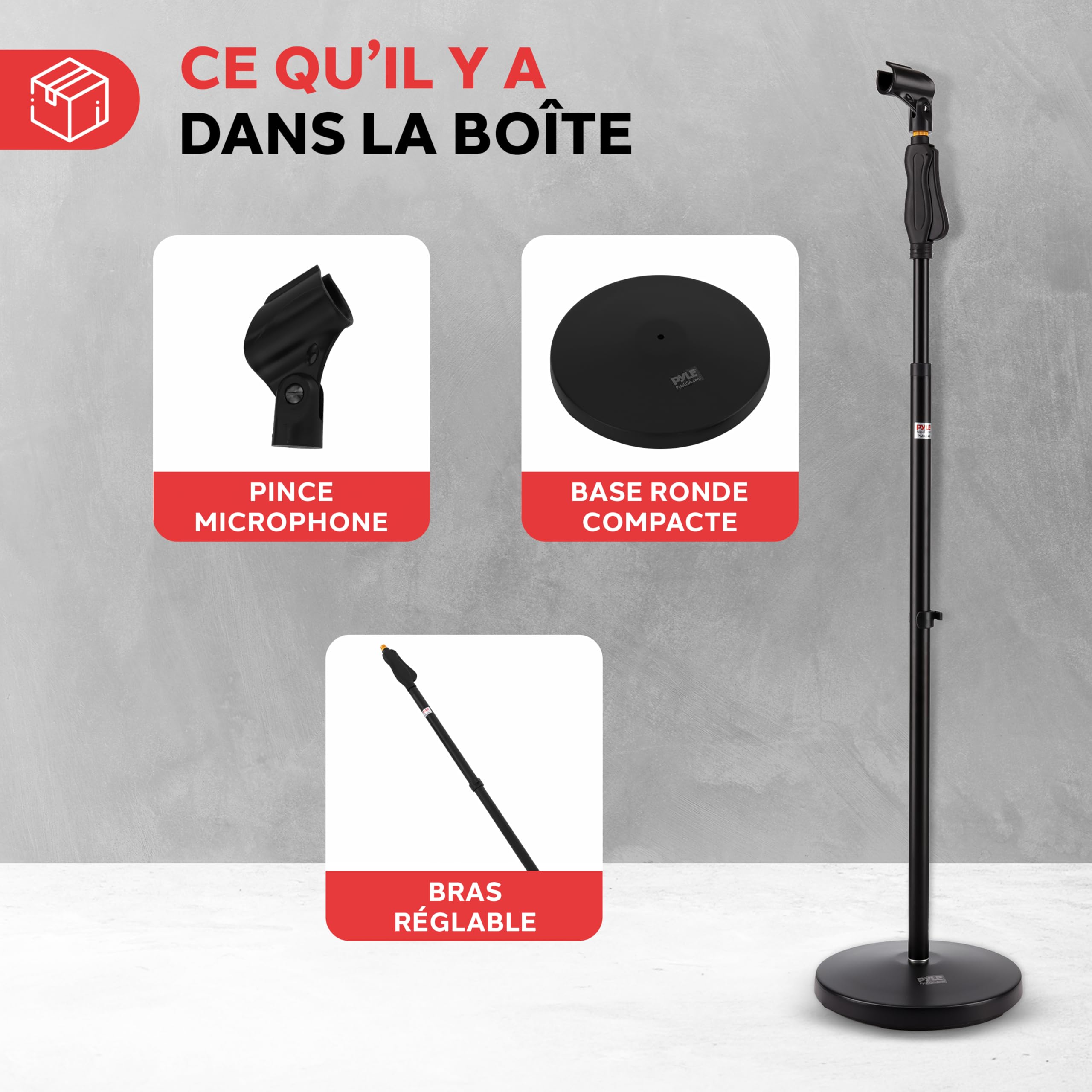 Pyle Support Microphone Universel Réglable 70-146 cm Base Ronde Lourde 5,34 kg Filetage 5/8 Studio Scène Podcast Karaoké