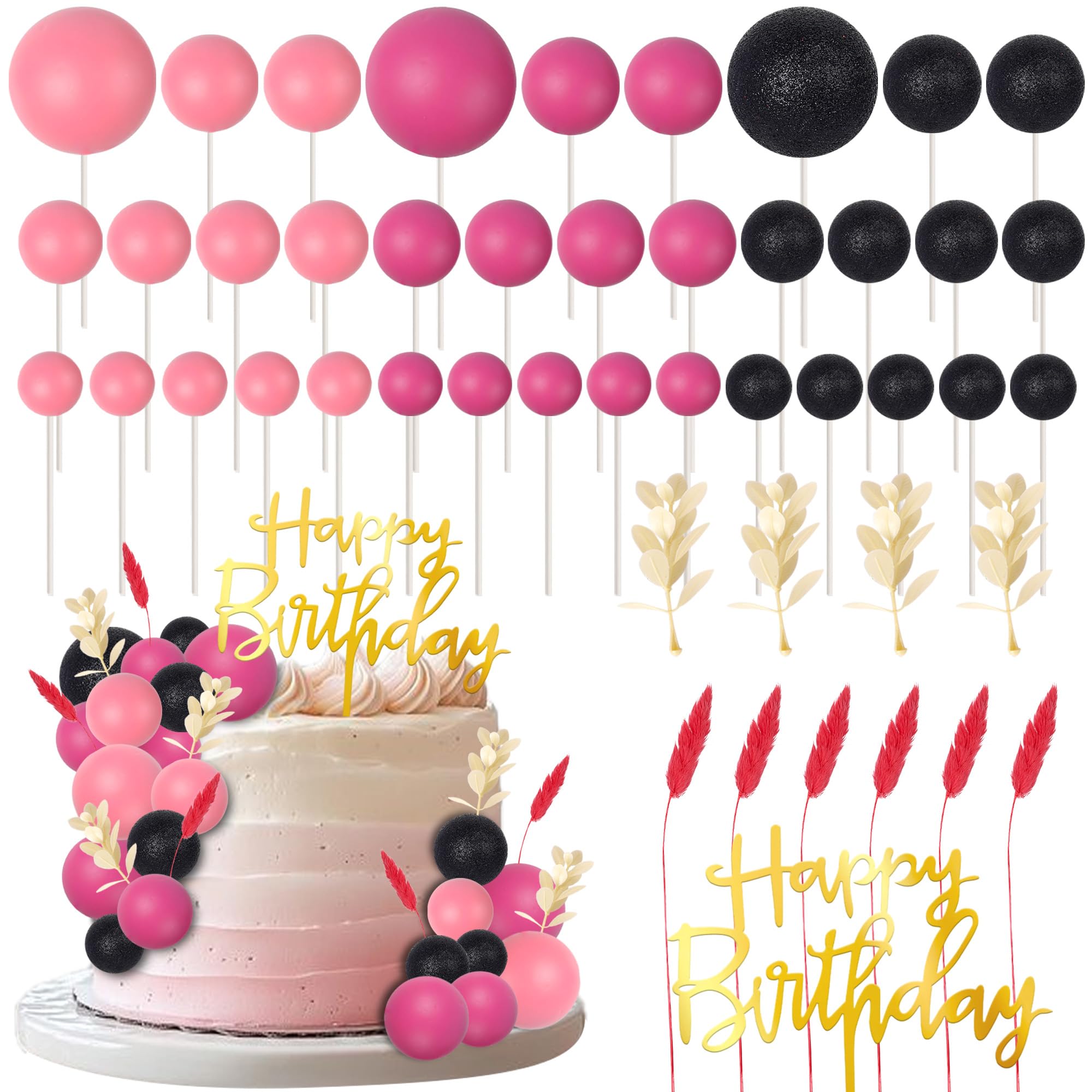 SYKYCTCY 59 Pack Balls Cake Toppers Grass Cake Picks Happy Birthday Pink Mini Balloon Foam Leaves DIY Cake Decorations for Baby Shower Kids Boys Girls Birthday Theme Wedding Anniversary Party Supplies