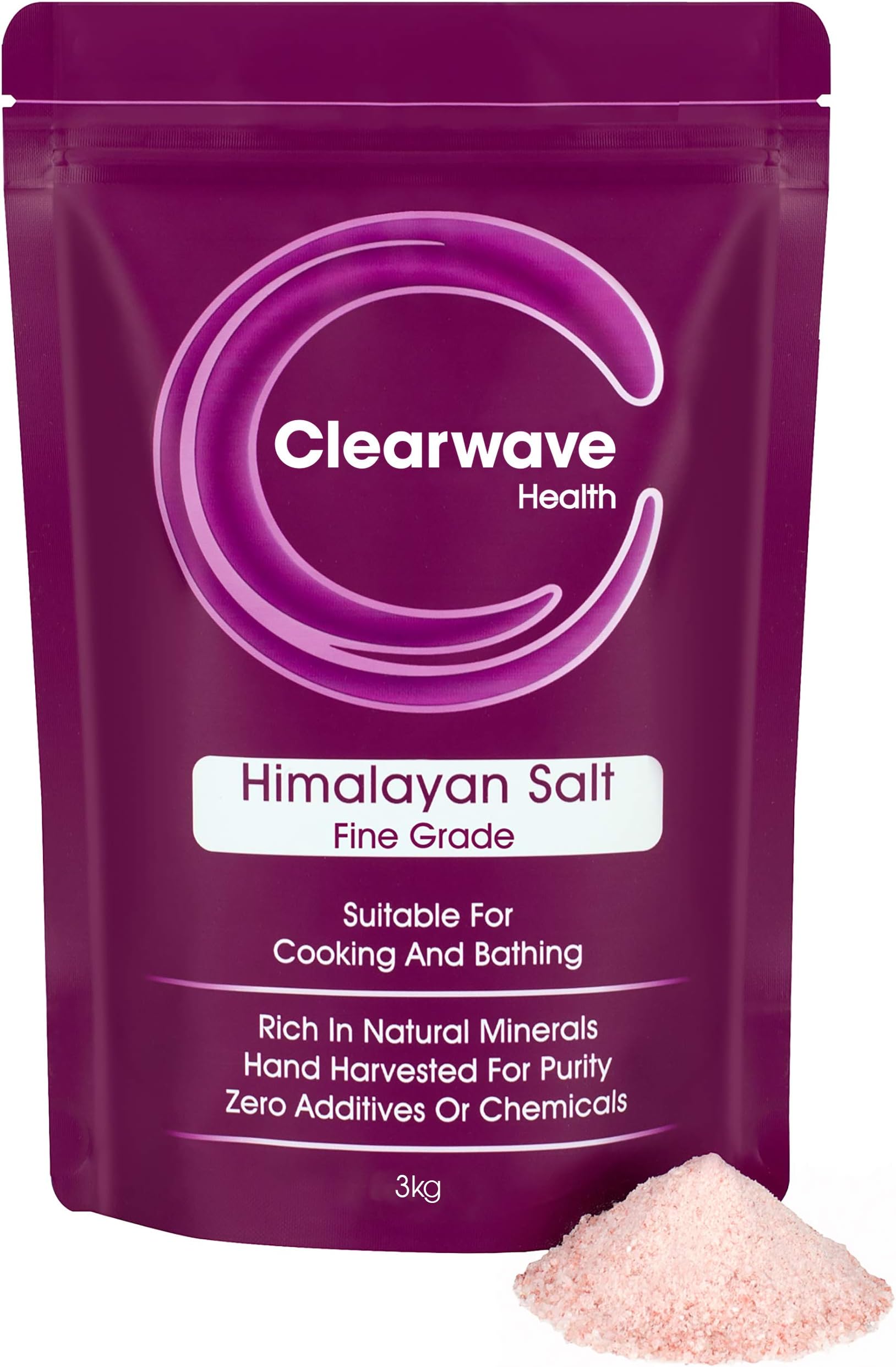 Himalayan Salt Fine Grade 3kg - Zero Additives, Suitable for Cooking and Detoxification, Vegan and Vegetarian by Clearwave Health (3 Kg)