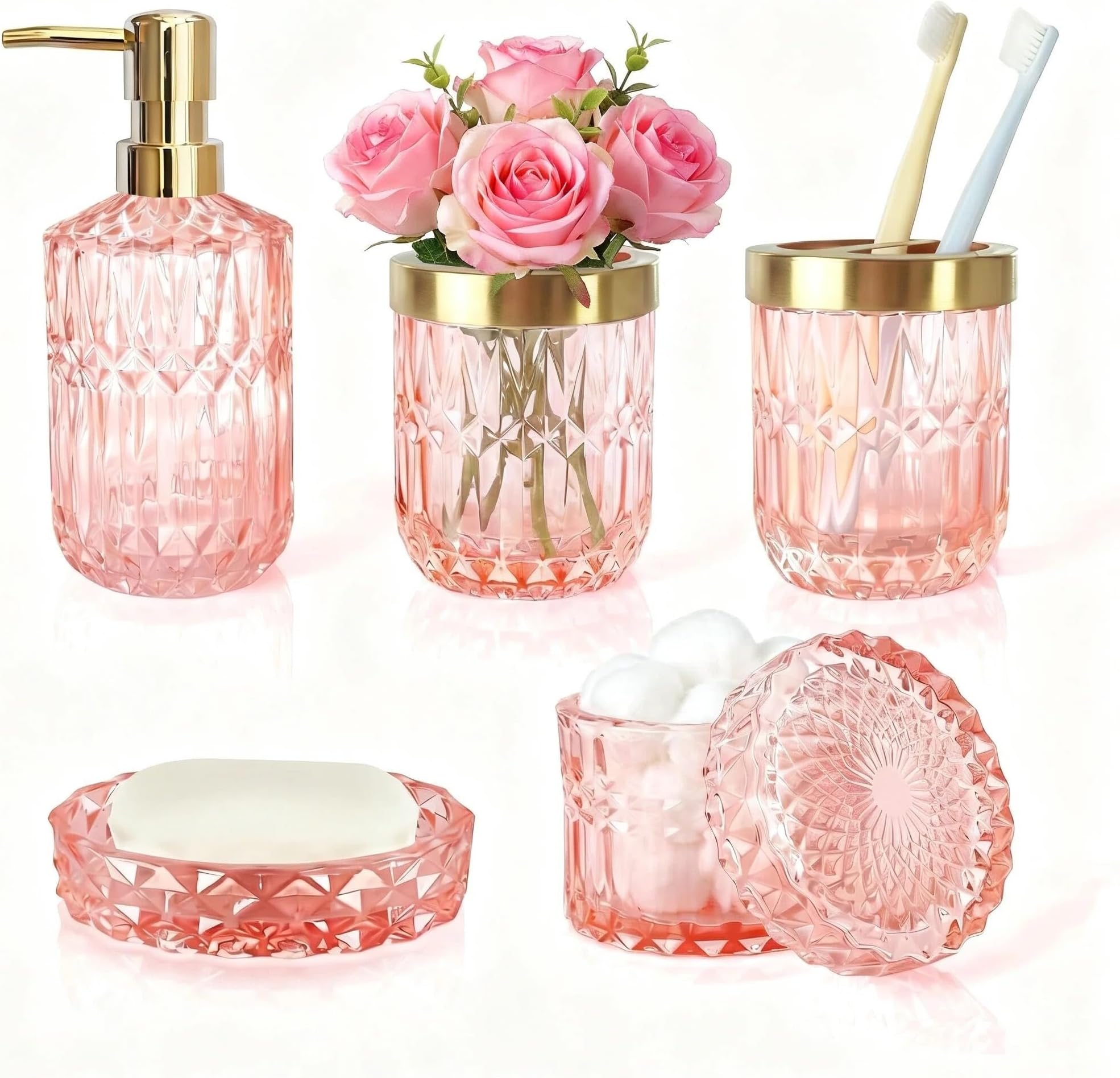 LaMarriti 5pcs Pink Bathroom Accessory Set, Crystal Clear Glass Bathroom Set, Soap Dispenser, Toothbrush Holder Set, Soap Dish, Tumbler, Qtips Holder, Modern Bathroom Decor, Set