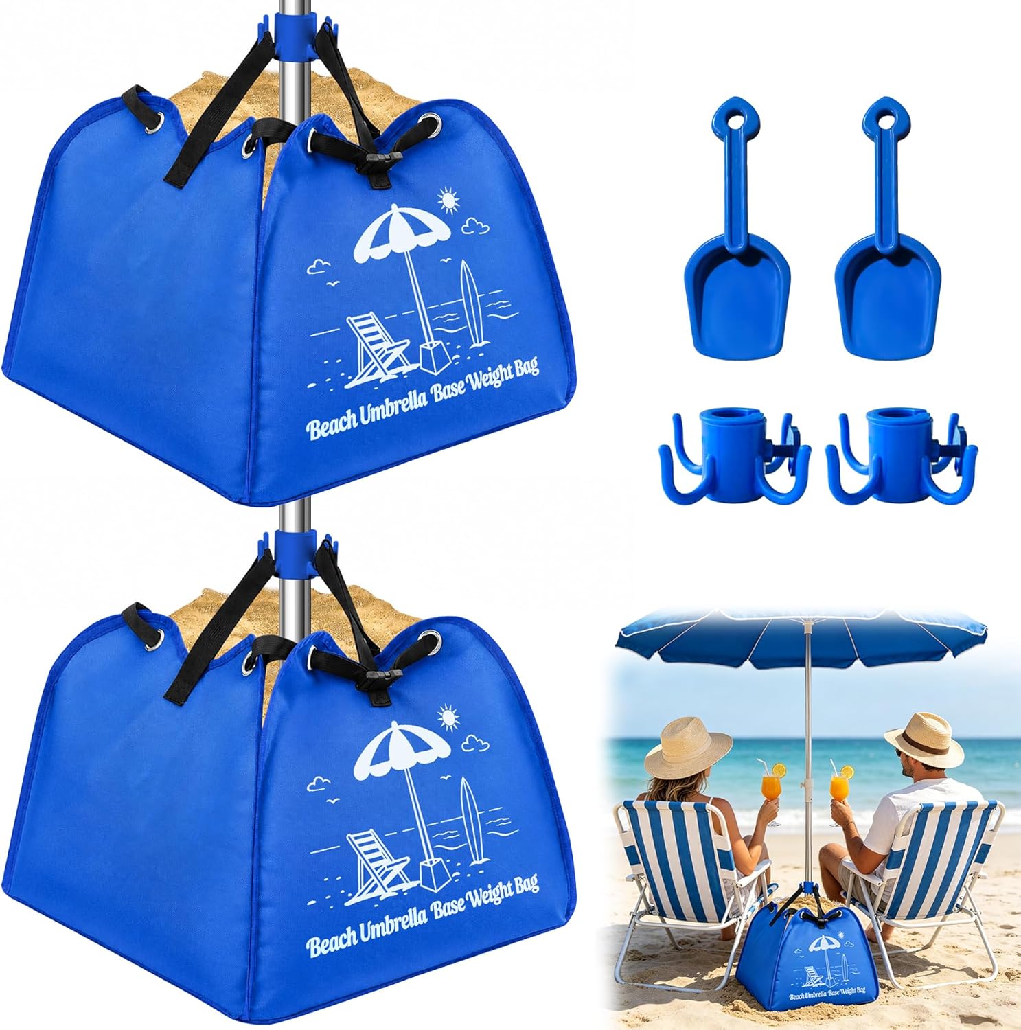 2 Set Beach Umbrella Base Weight Bag, Blue Fillable Sand Bags with Sand Shovel & 4-Prong Hooks Portable 600D Oxford Cloth Parasol Sand Storage Bag Stand Anchor for Outdoor Garden Beach Use
