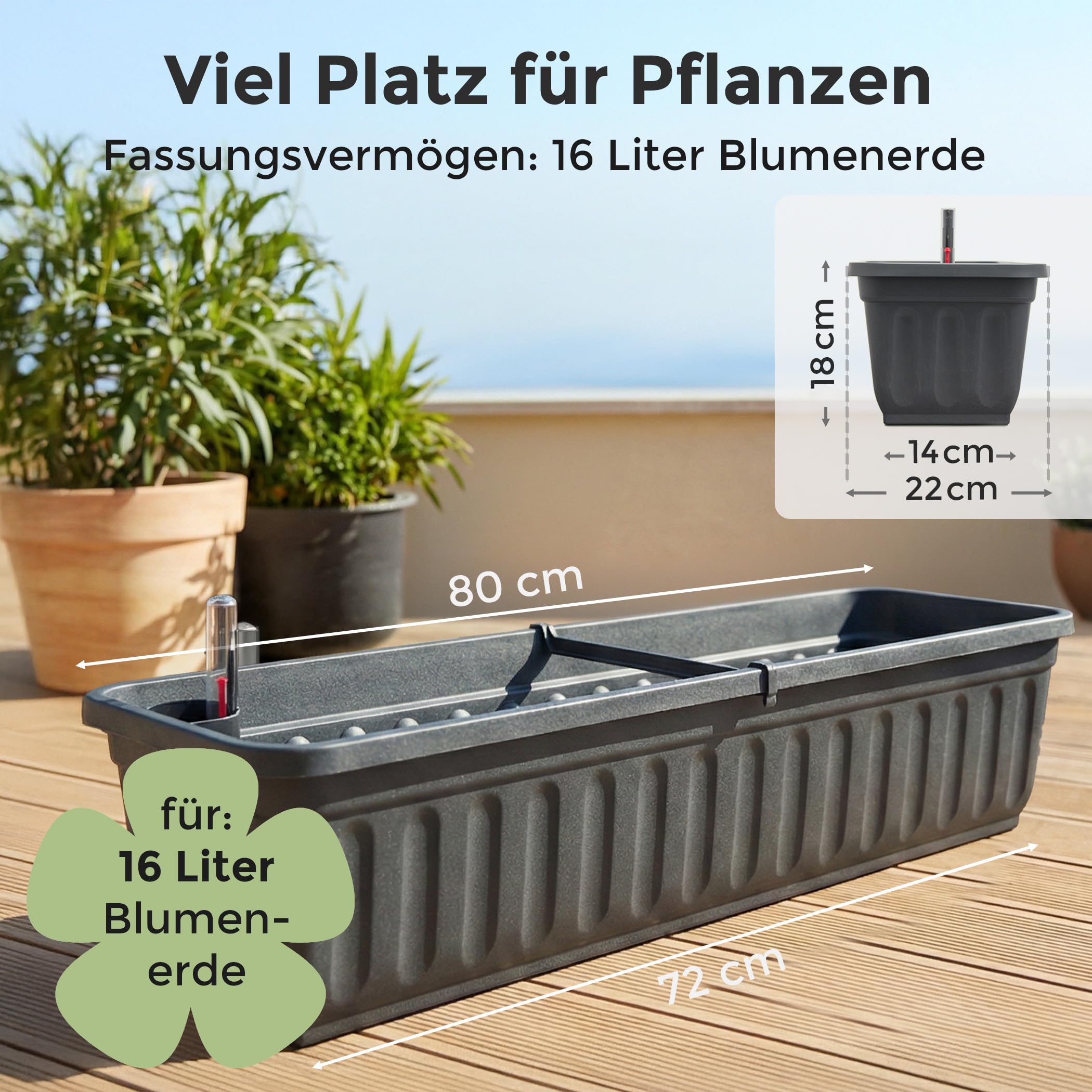 Hausfelder Balkonkasten mit Wasserspeicher 80 cm, 4er Set Blumenkasten mit  Bewsserungssystem, Anthrazit Pflanzkasten fr Balkon 80x22x18 cm:  Amazon.de: Garten