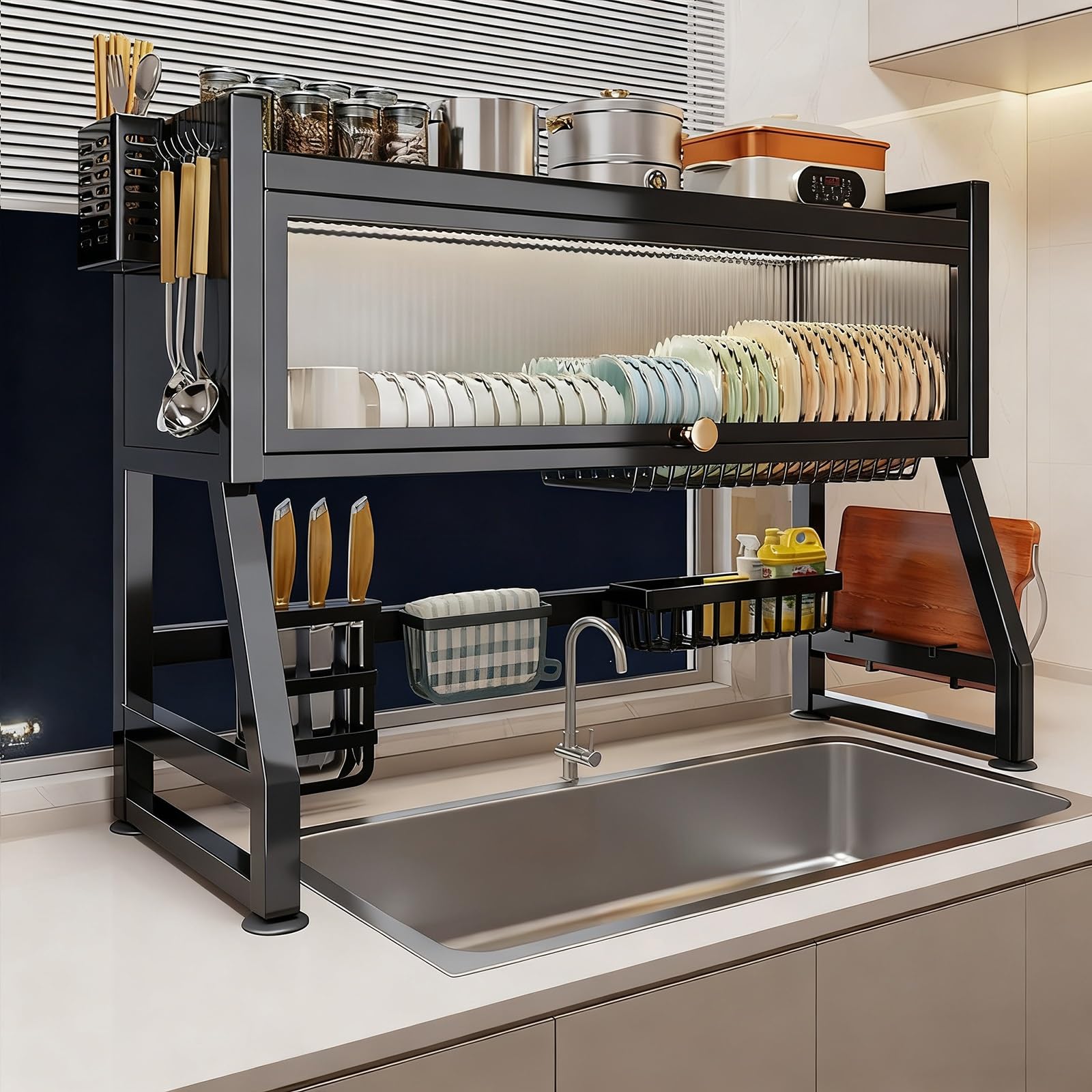 Escurridor de platos sobre el fregadero con tapa, organizador de almacenamiento de encimera de cocina para platos, vasos, cuencos y cubiertos