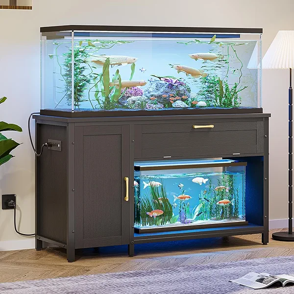 Bestier 55-75 Gallon Fish Tank Stand with Power Outlet&LED Light, 49x19 Heavy-Duty Metal Aquarium Stand with Cabinet&Drawer for Accessories Storage, Suit for Reptile/Turtle Terrarium, 726Lbs