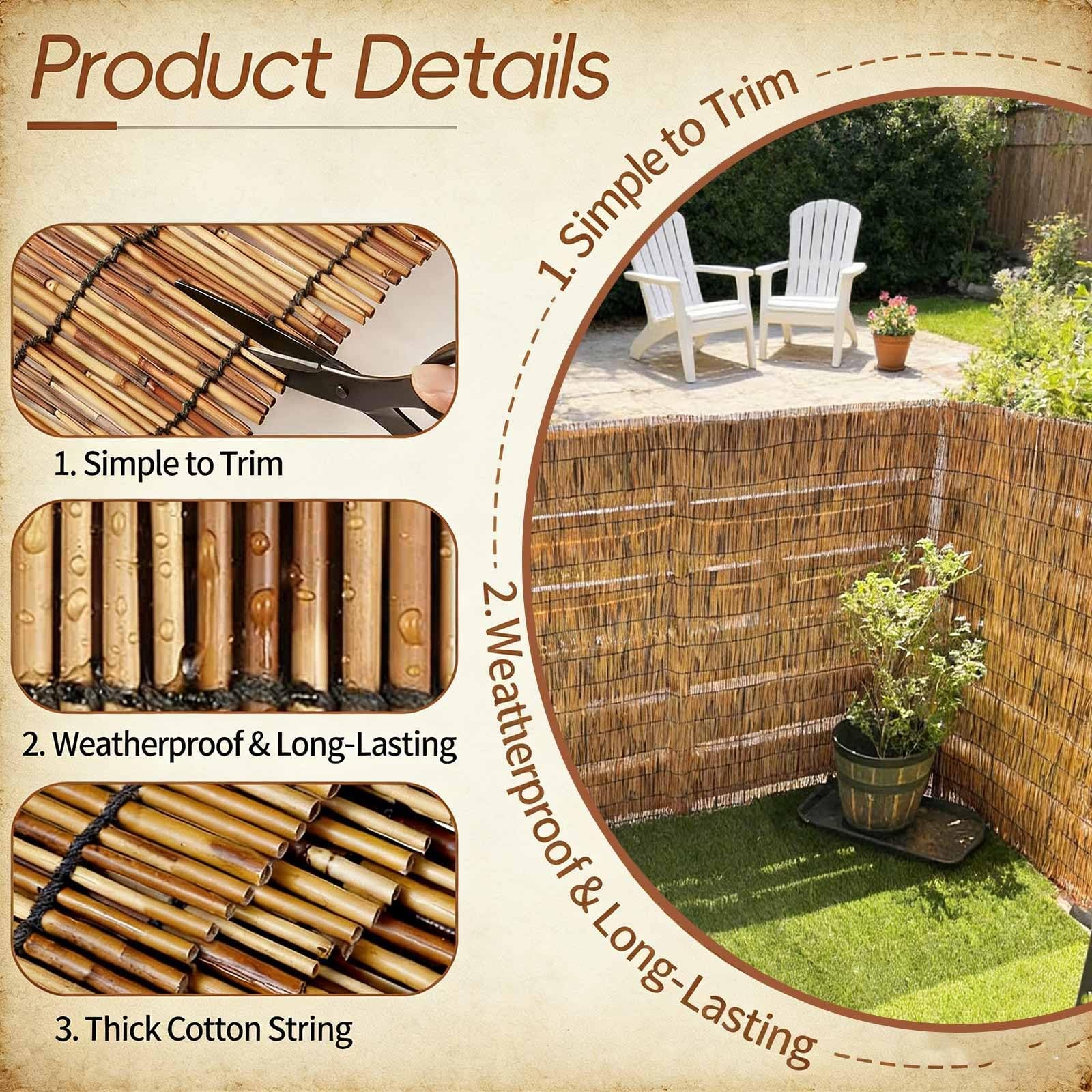 Valla De Bambú Rollo De Caña Bambu Para Valla Privacidad Malla Sombreo Cerramiento Terraza Exterior Cercado Cañizo Jardin Ocultacion 50 60 70 75 80 90 110 120 150 180cm Alto(Natural White,80x1000cm)