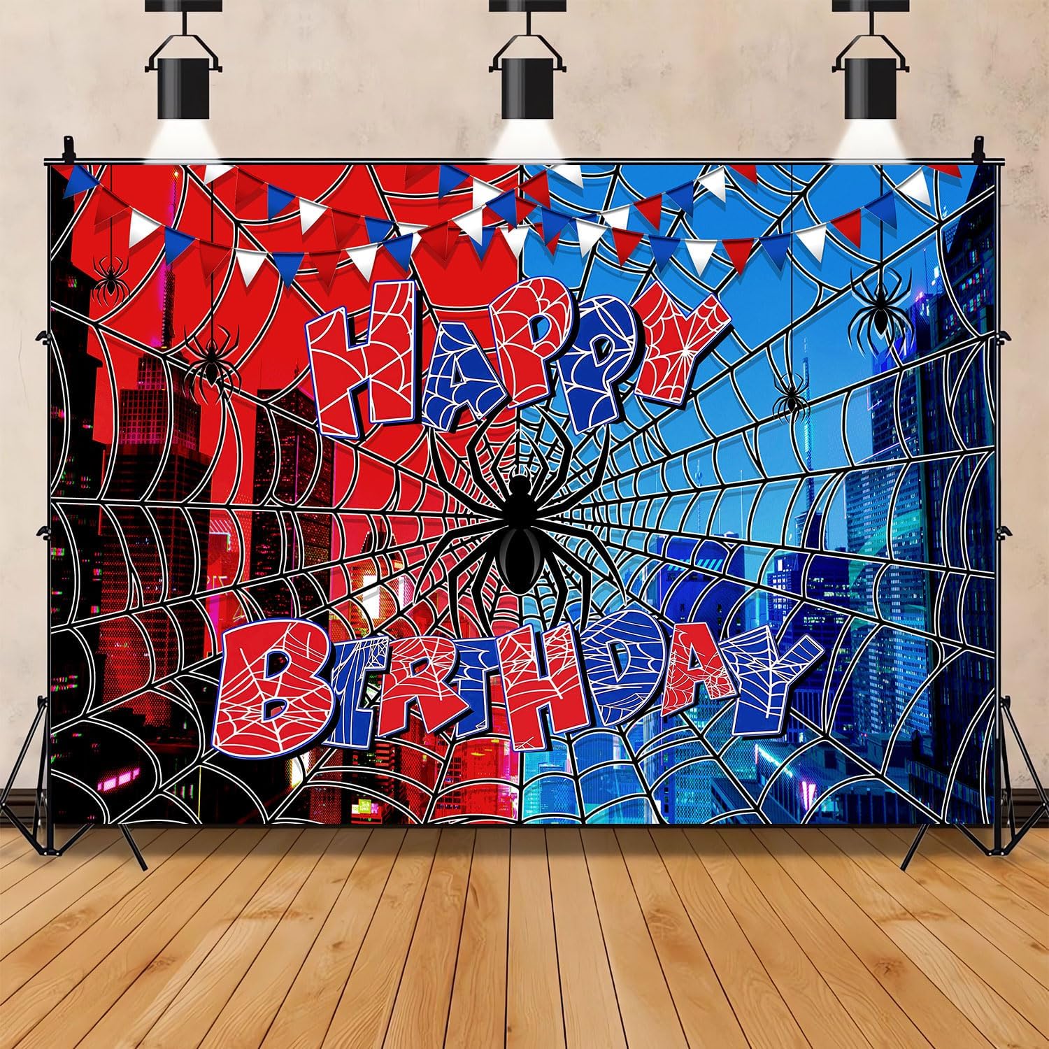 Amazon.com : ZHXYMMS Spider Web Backdrop for Photography Red Blue City ...