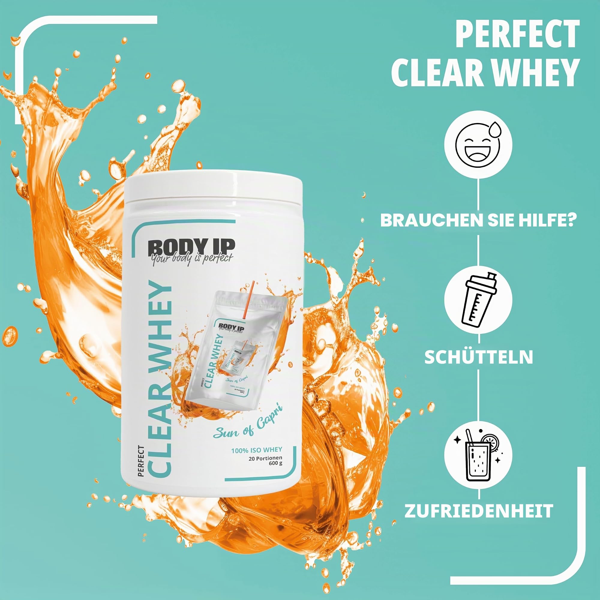 BODY IP Perfect Clear Whey Protein Pulver | Sun of Capri | Eiweißpulver für Protein Shake & Muskelaufbau | Schnelle Aufnahme & gute Löslichkeit | Hoher BCAA Anteil & Eiweißgehalt | 21 Portionen | 600g