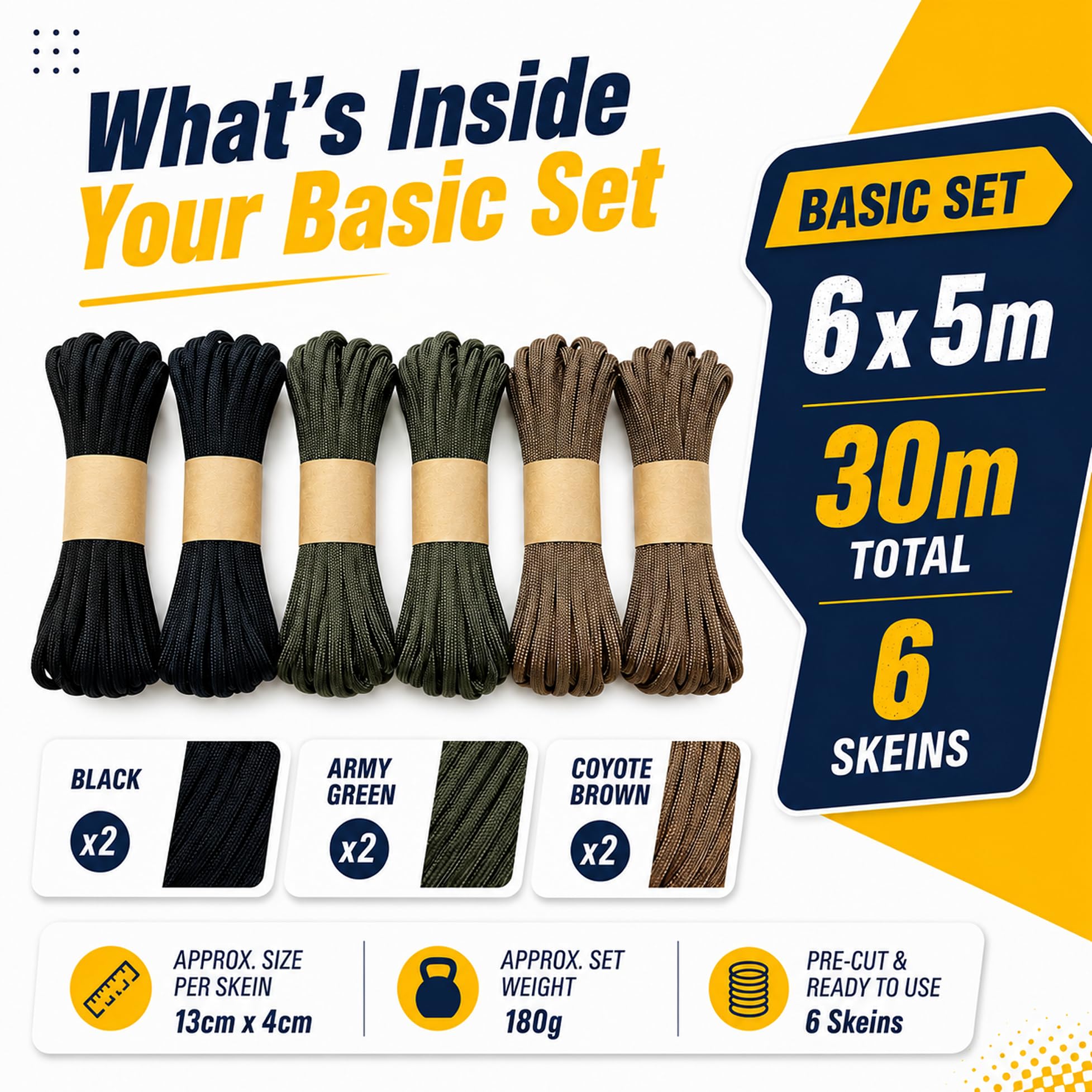 Paracord 4mm Set (30m, 50m, 60m) | Idealny do rękodzieła, majsterkowania, biwakowania, przetrwania, na świeżym powietrzu | 100% nylonowa lina 4mm| Linka Taktyczna 550 Typ III