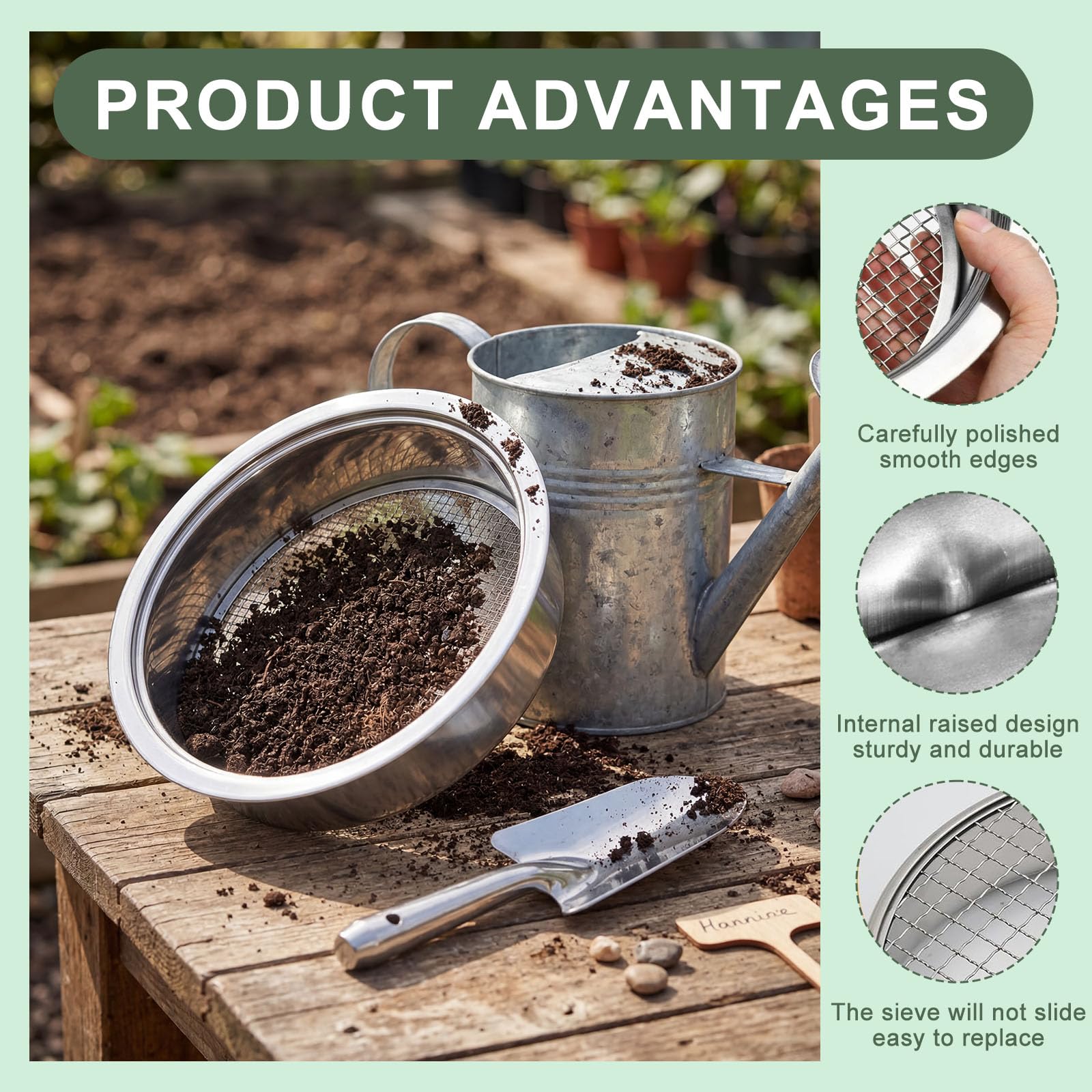 5 in 1 Setaccio da Giardino Ø 1,3,6,9,12mm Setaccio Sabbiain Acciaio Inox + 1 Vanga a Mano per Terra, Pietre, Compost, Erbacce, Sabbia
