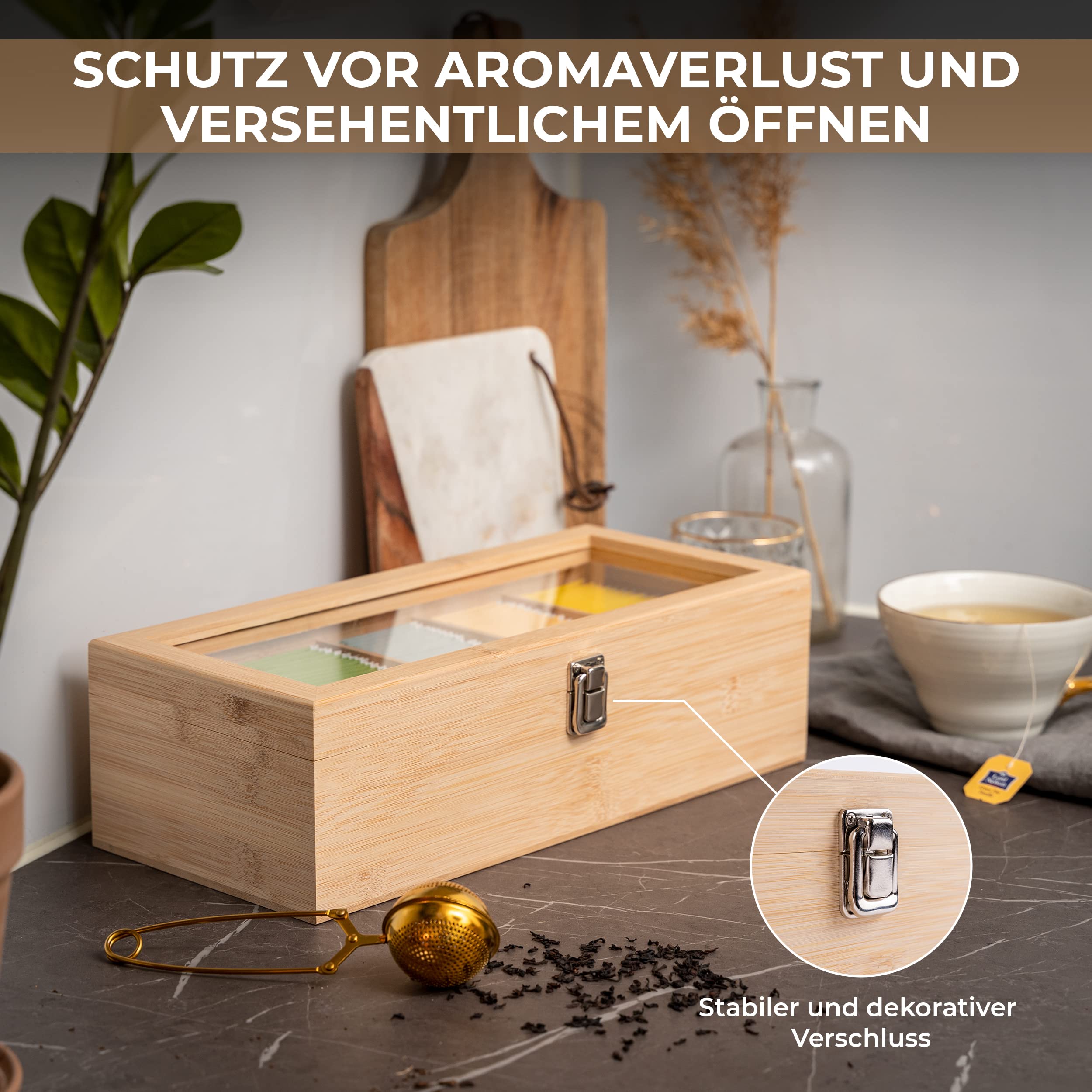 Valuna Boîte à thé en bambou H x l x P : env. 11 x 36 x 16 cm, boîte de rangement avec 5 compartiments, boîte à thé en bois pour ranger 100 sachets de thé