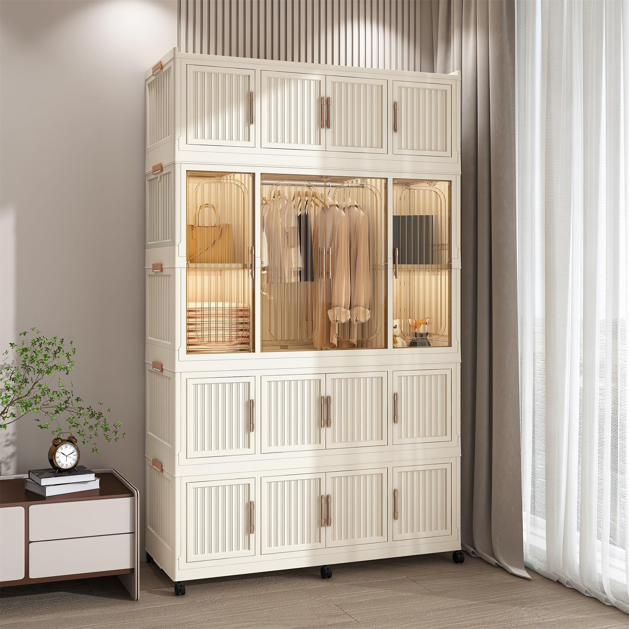 Legendstone Portable Wardrobe Closet Storage Organizer, Plastic Collapsible Closet Organizer with Transparent Magnetic Door, for Living Room Bedroom,