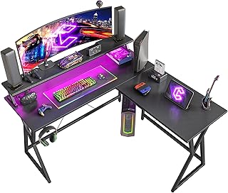 CubiCubi Stack Gaming Desk 130 x 130 cm with LED Strip & Double-Layer Desktop, L Shaped Computer Desk Carbon Fiber Surface Gaming PC Table with Monitor Stand