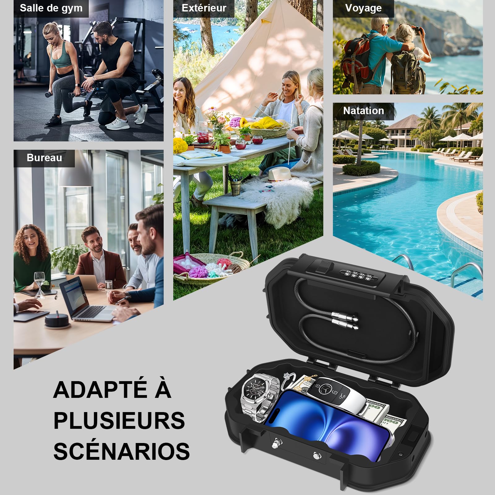 [IP68 & 2 Tête Verrou]Diyife Coffret Fort Portable Sécurisé, 4 Chiffres Combinaison Petit Coffre Fort, Doublure en Silicone, Câble en Acier Amovible-Anti-Coupure et Anti-Perte, pour Maison Hôtel Plage