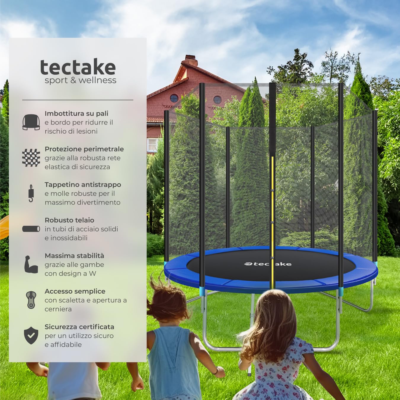 tectake® Trampolino Elastico per Bambini e Adulti da Giardino Ø 244/305/366/396/427/457 cm, Certificato GS, Rete di Sicurezza per Bambini e Scaletta, Trampolino Fitness e Sport, Bordo Imbottito