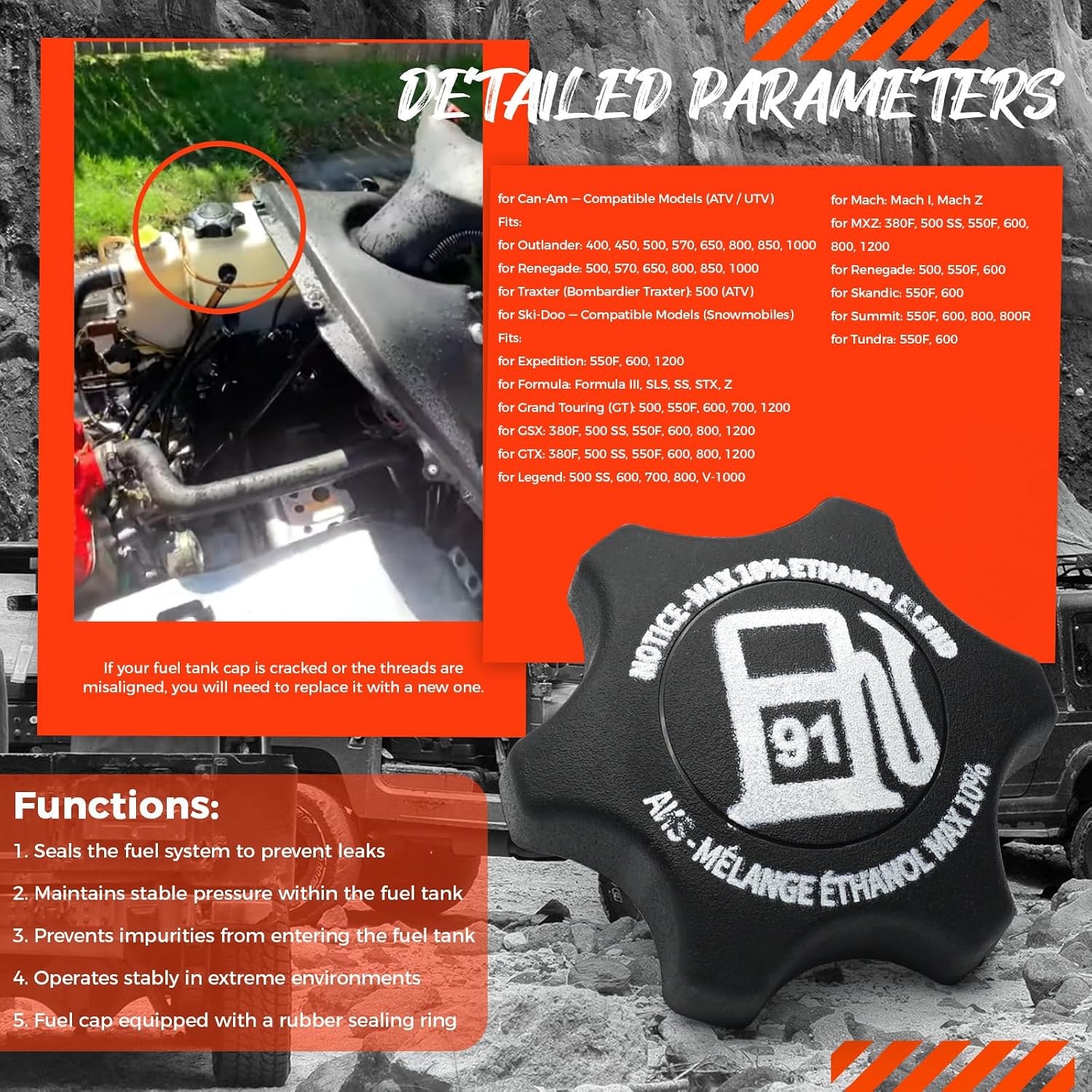 Fuel Cap 513033722 Compatible with Can-Am ATV & UTV 2004–2019 and for Ski-Doo Formula – Gas Cap Replaces 513033024, 513033025, 572073900