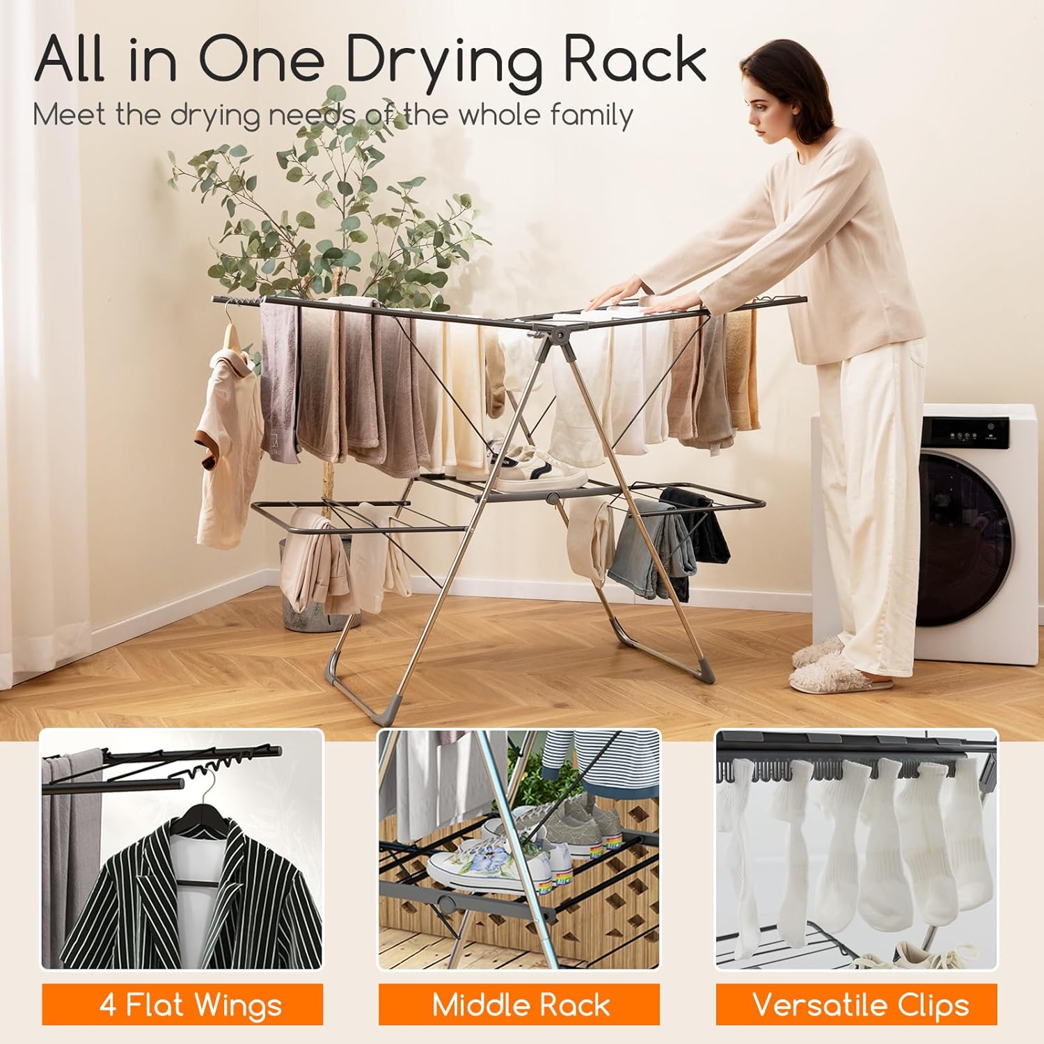 Giantex Clothes Drying Rack, Foldable Laundry Drying Rack with 33 Drying Rails, 3-Level Adjustable Height, Versatile Clips, Wave-Shaped Bars, Collapsible Freestanding Airer for Indoor Outdoor