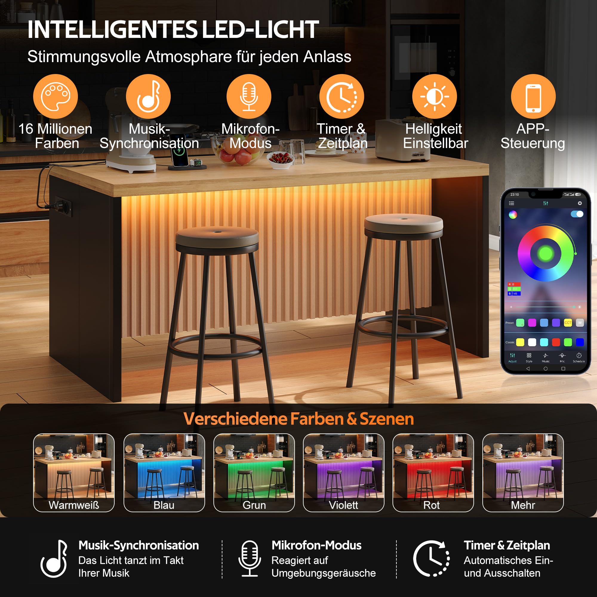 Merax Isola da cucina autoportante con piano di lavoro effetto legno da 40 mm, isola da cucina con LED, presa 2 prese, 2 USB, moderno tavolo da bar per cucina, sala da pranzo, 155 x 80 x 90 cm, nero +