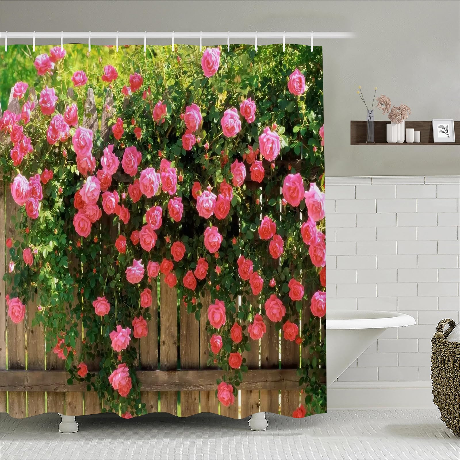 Simpomsy Color-8 Outdoor Shower Curtain Garden Decor, Pink Rose Shower Curtain Green Plant Spring Garden Landscape Bathroom Curtain Waterproof Cloth Fabric Bathroom Decor Set With Hooks 200X180cm