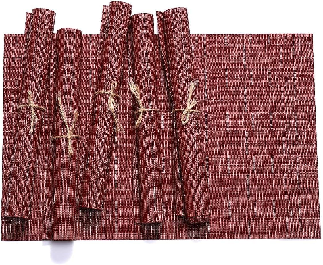 HYSENM Bamboo Pattern 6 Pcs 18x12'' Vinyl Placemats Heat and Stain Resistance PVC Waterproof Table Mats,Red,6Pcs Placemats