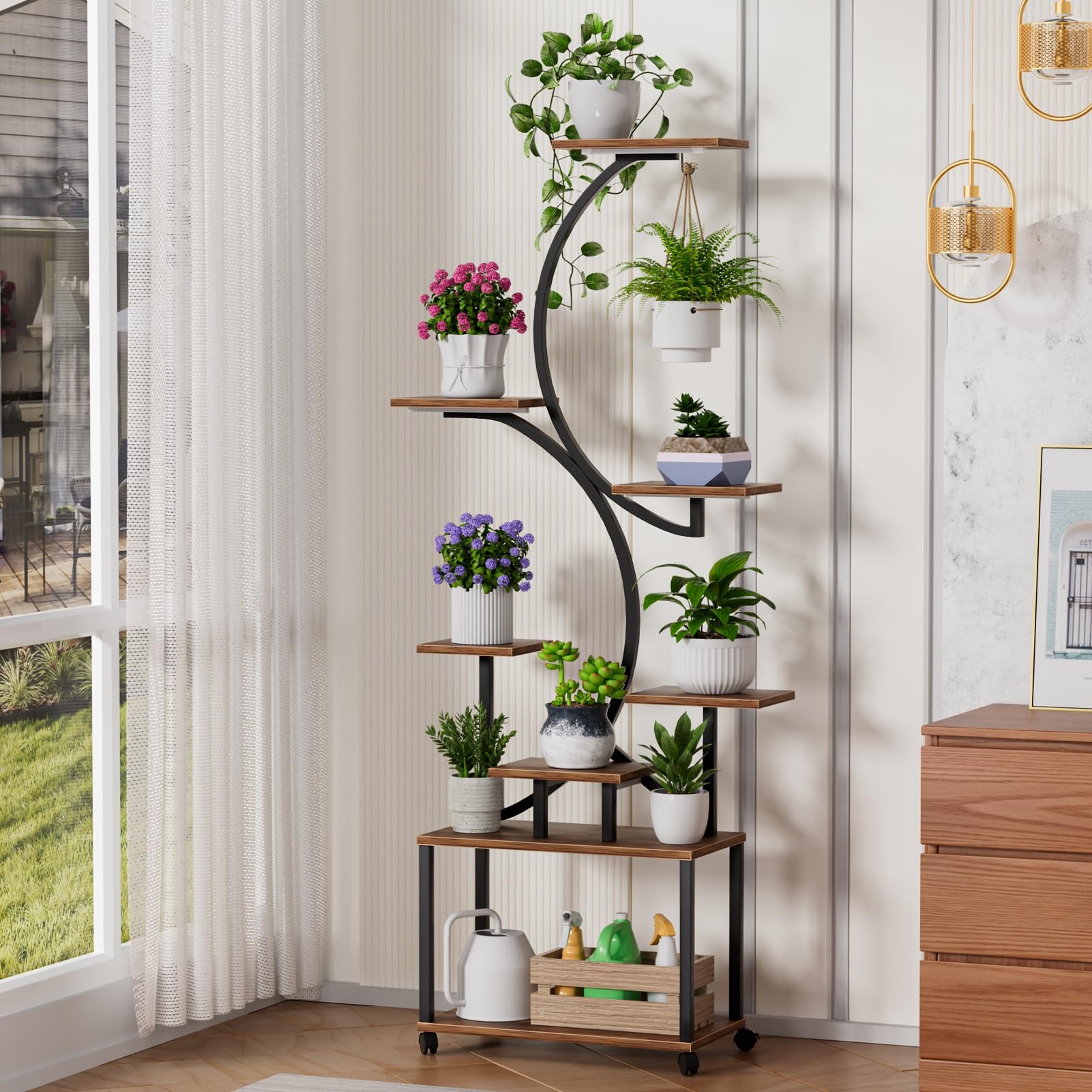 Soporte de planta en forma de árbol de 8 niveles, portaollas interior con 78 luces de cultivo LED, ruedas con cerradura de 360 ° y función de sincronización USB, estante de exhibición marrón