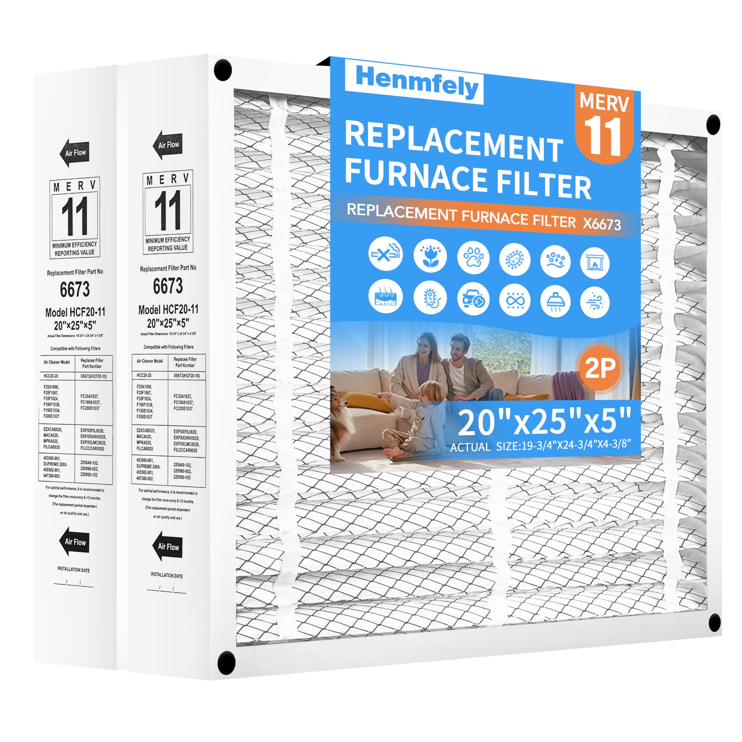 Photo 1 of 2 Pack X6673 20x25x5 Replacement Air Filter for Lennox X6673 HCF20-11, FC100A1037, Furnace HVAC System, MERV 11, Actual Size: 19.75 x 24.75 x 4.38 Inches